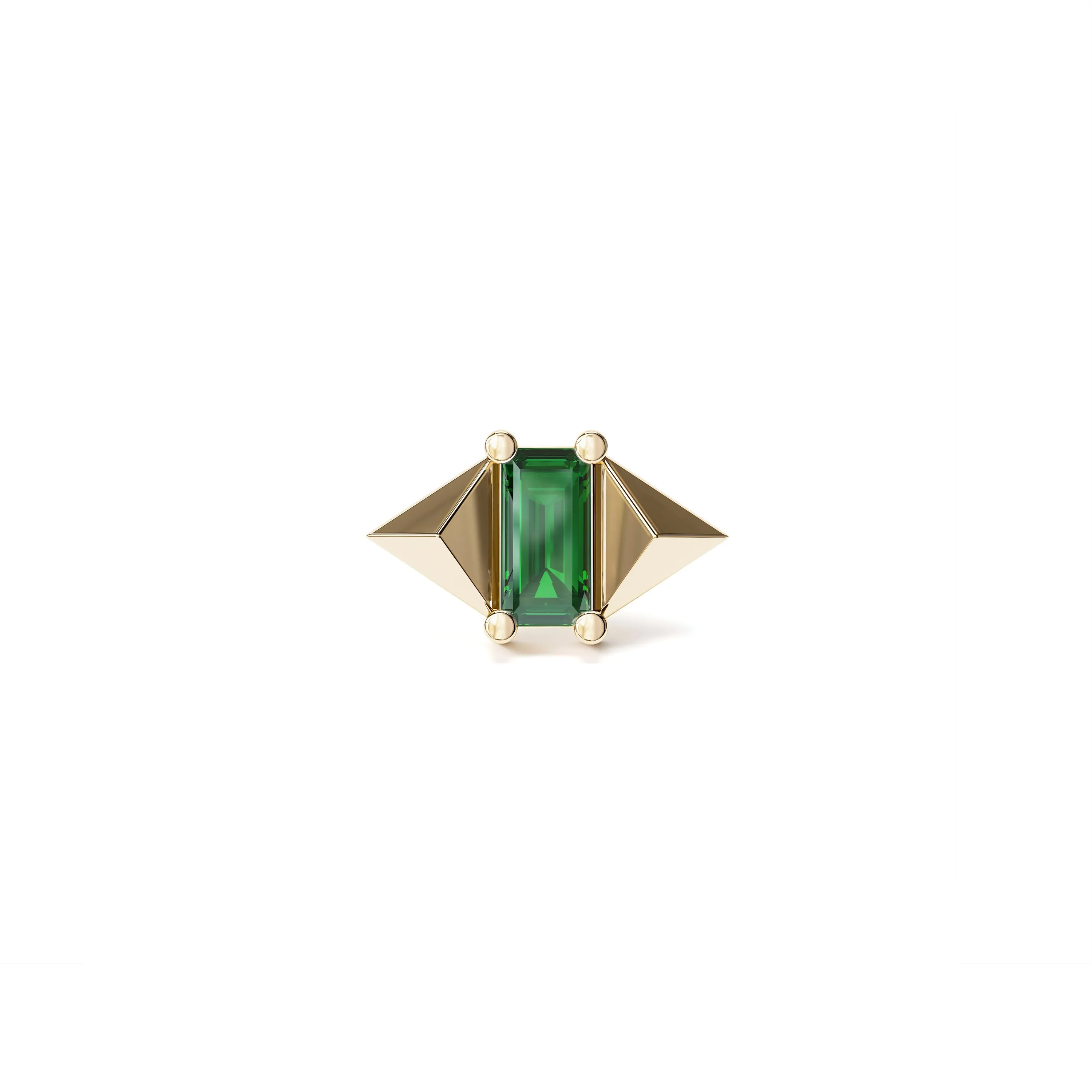 14K Gold Baguette Emerald Pyramid Stud