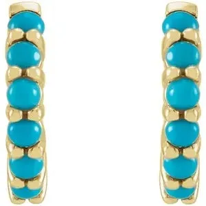 14K Gold Cabochon-Set Turquoise Hinged-Hoop Earrings