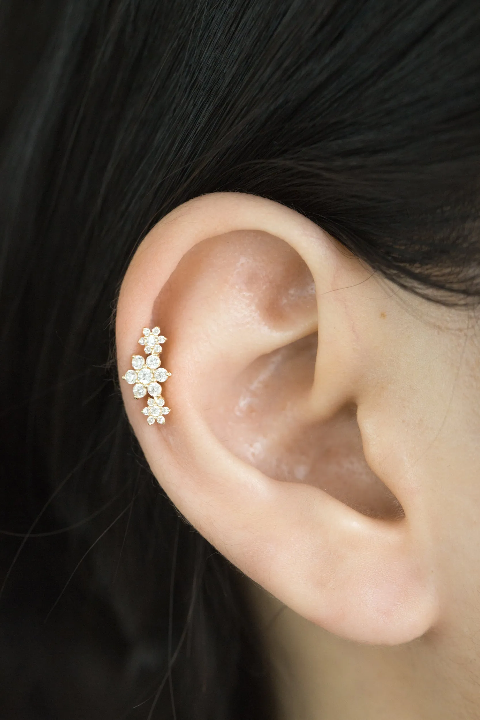 14k Gold Cartilage Cz Flower Snowflakes Internally Internal Threaded Labret Jewelry