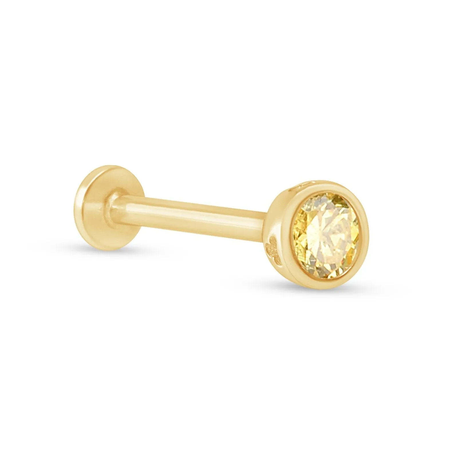 14K Gold Citrine Bezel Tragus Helix Internally threaded Flat Back Labret Earring Stud