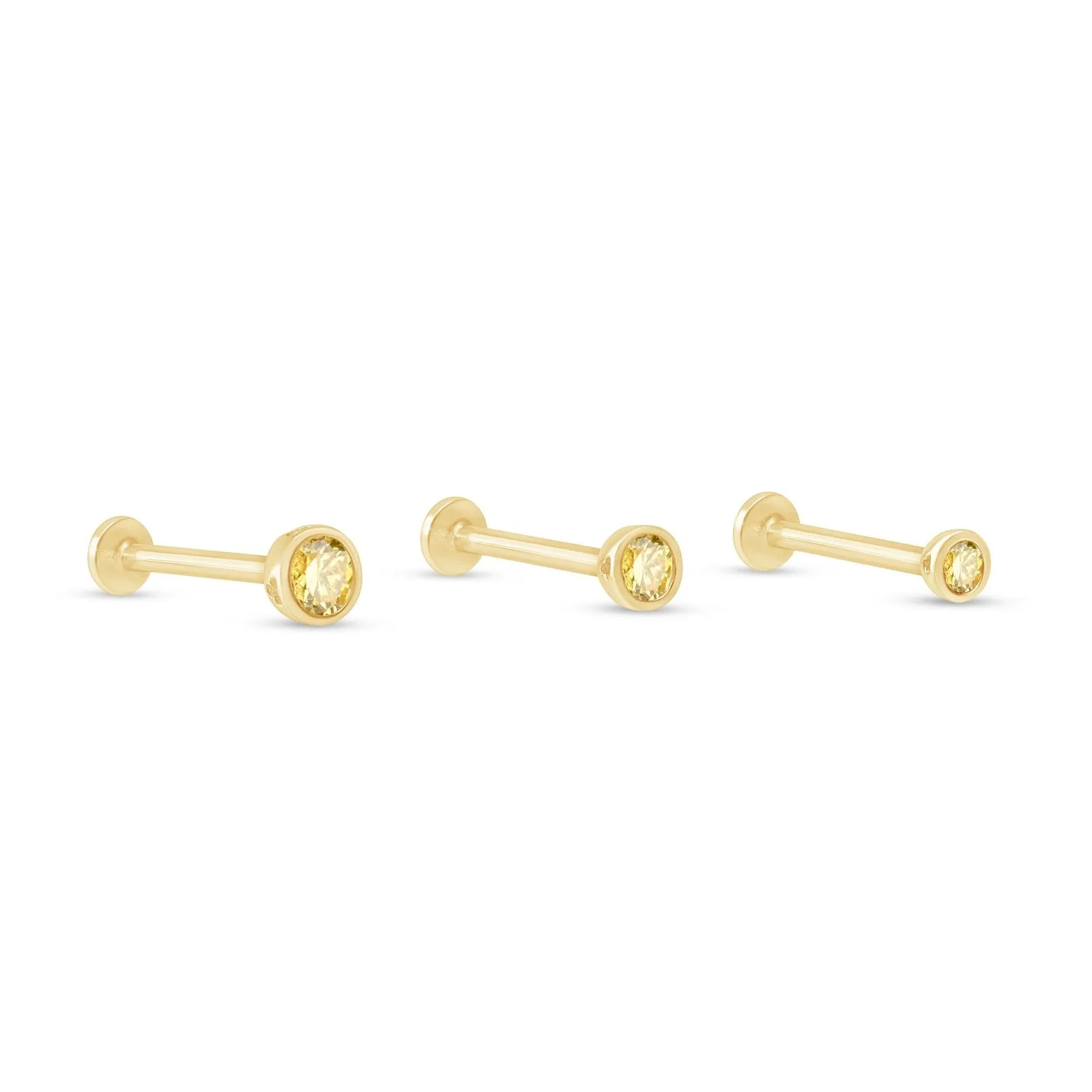 14K Gold Citrine Bezel Tragus Helix Internally threaded Flat Back Labret Earring Stud