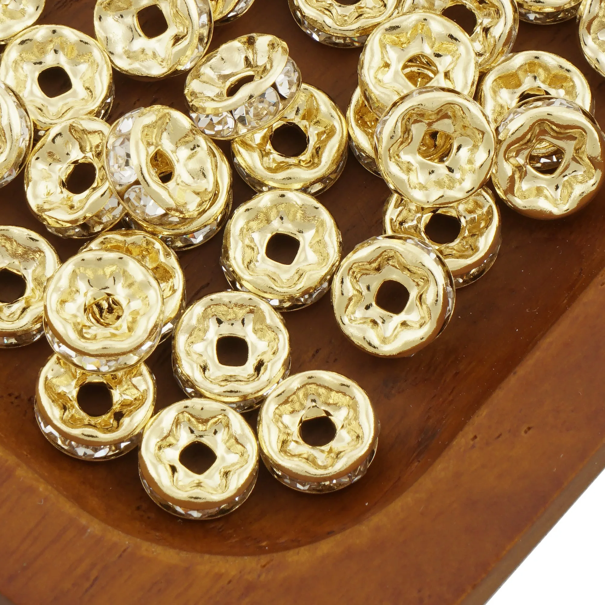 14k Gold Filled Rondelle Spacer Beads with Clear Crystal Rhinestones in 4mm, 6mm, 8mm Sizes