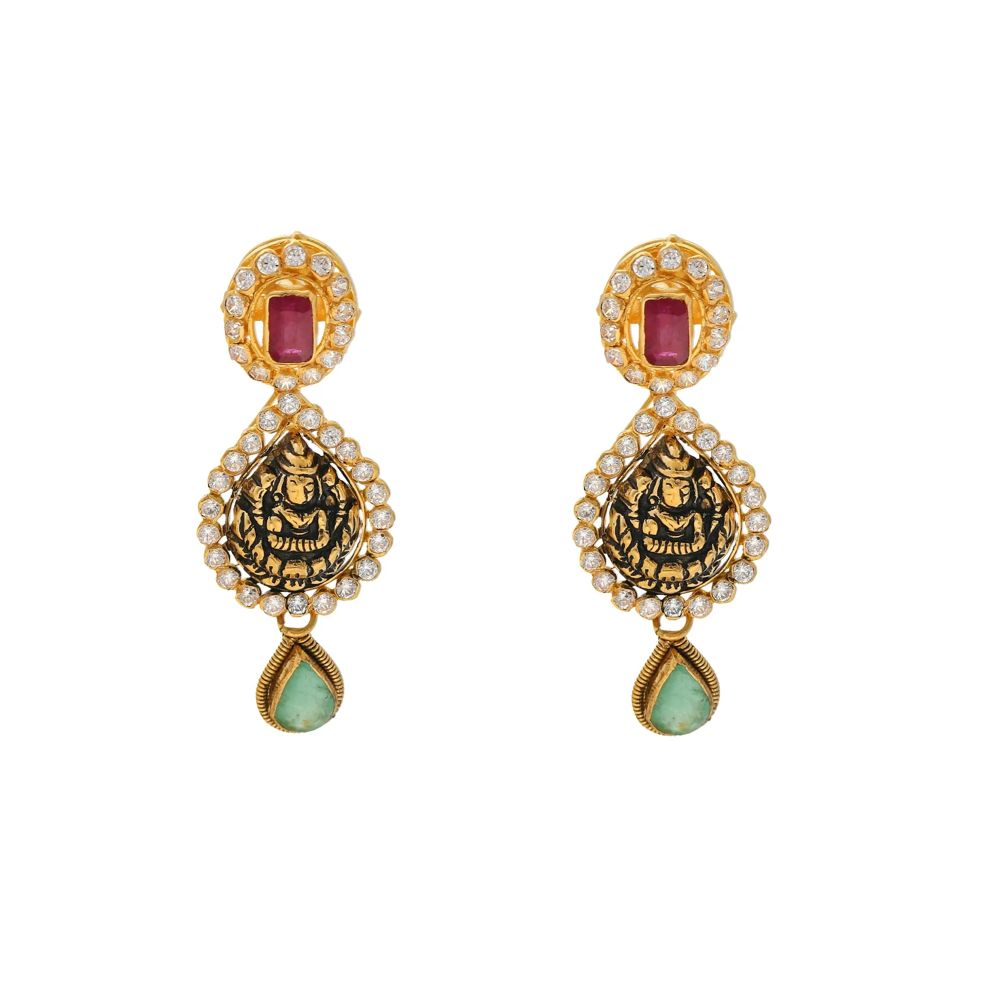 22K Antique Gold, Gemstone, CZ & Pearl Temple Jewelry Set (47.1gm)