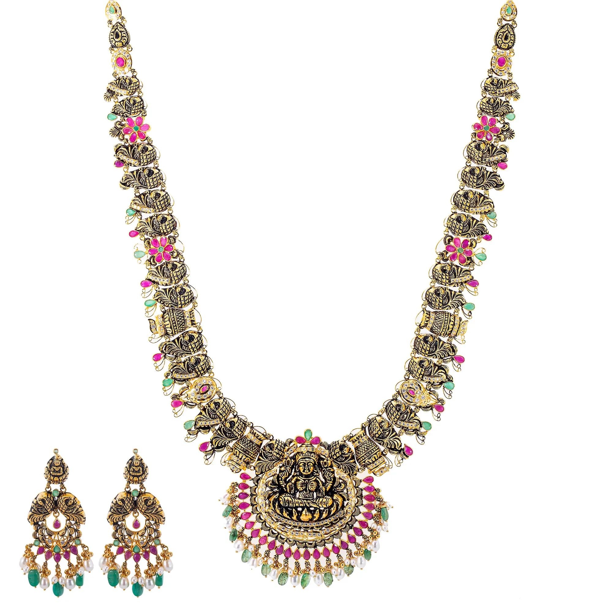 22K Antique Gold, Gemstone, Pearl & CZ Temple Jewelry Set (87.6gm)