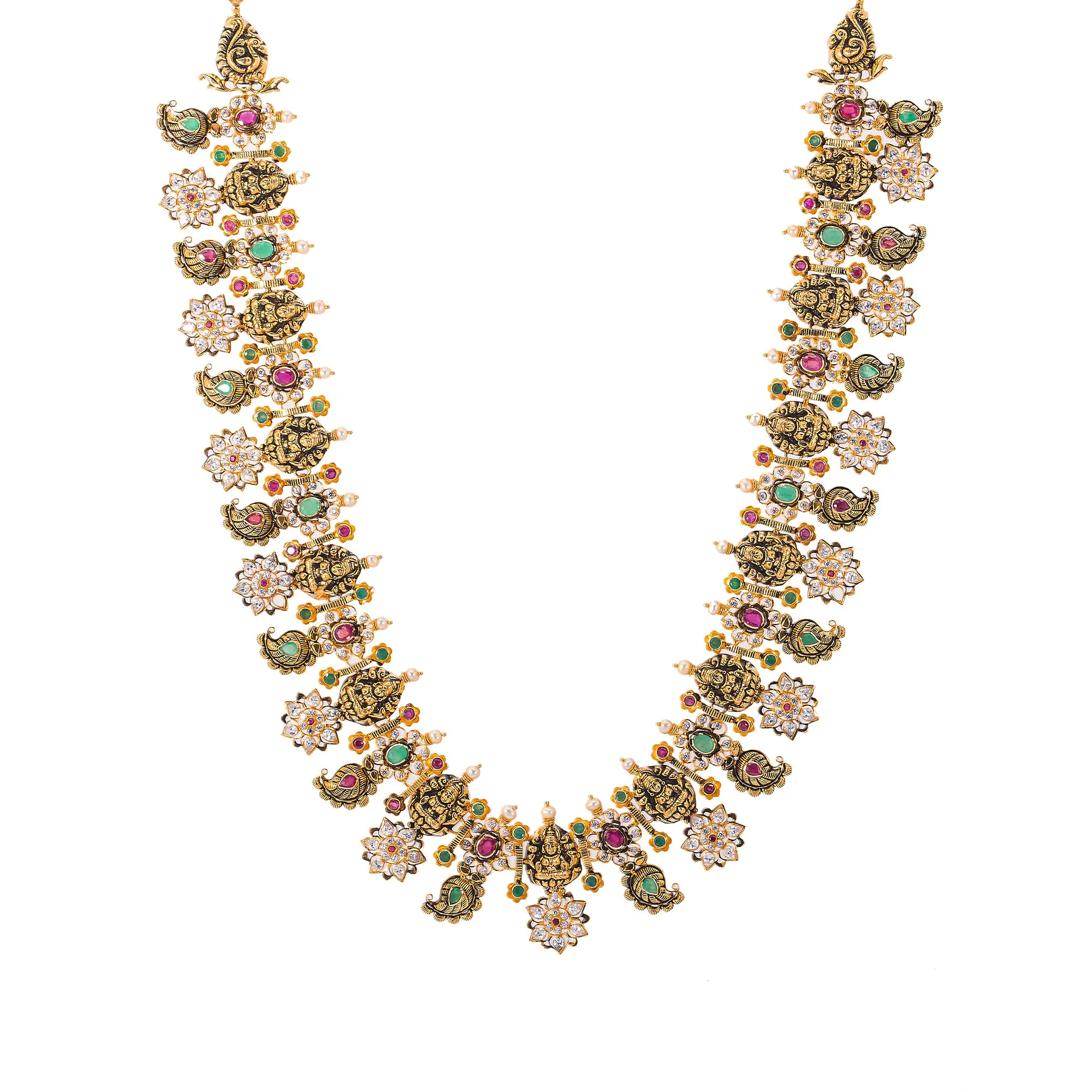 22K Antique Gold, Gemstone, Pearl & CZ Temple Jewelry Set (99.5gm)