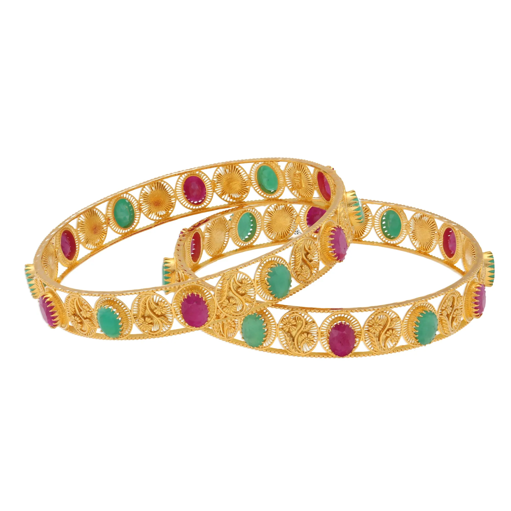 22K Yellow Gold Bangle Set of 2 w/ Emerald & Ruby (36.4gm)