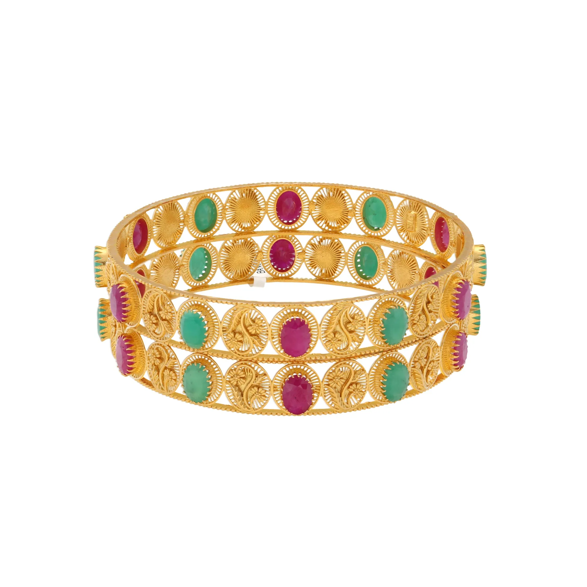 22K Yellow Gold Bangle Set of 2 w/ Emerald & Ruby (36.4gm)