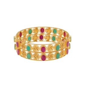 22K Yellow Gold Bangle Set of 2 w/ Emerald & Ruby (36.4gm)