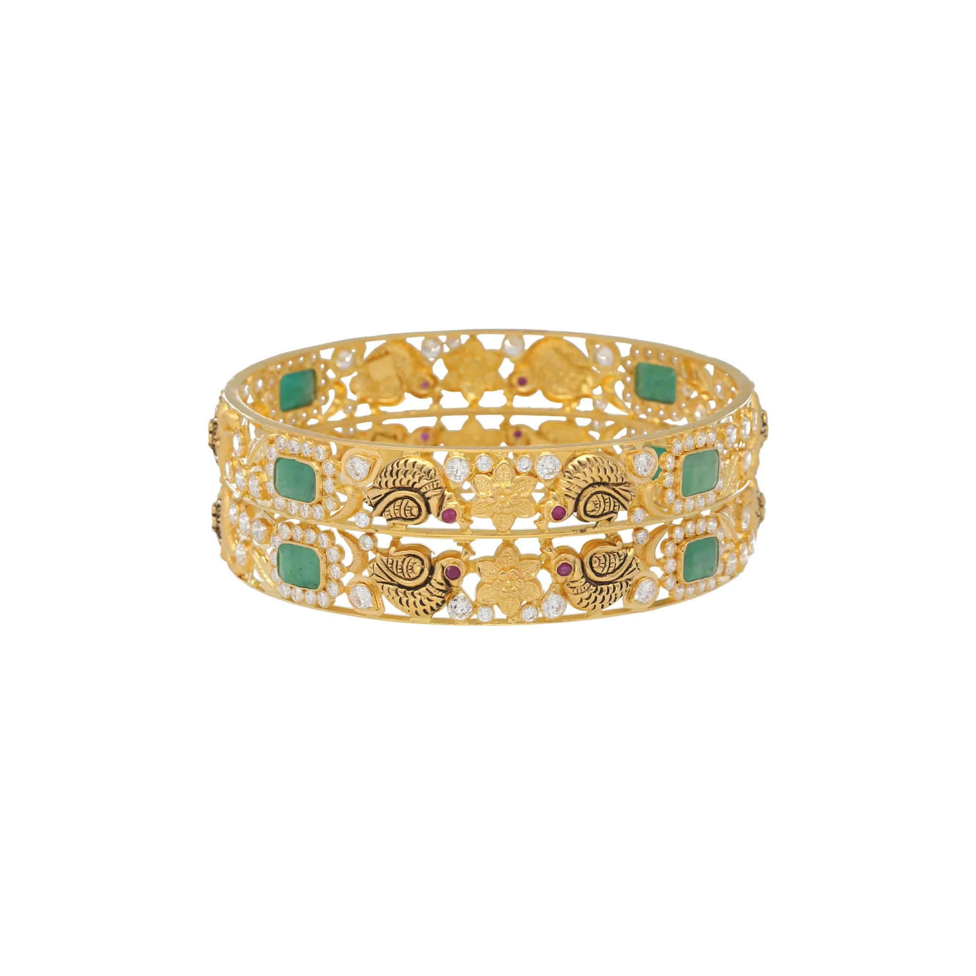 22K Yellow Gold, CZ, Emerald & Ruby Antique Bangle Set (33.6gm)