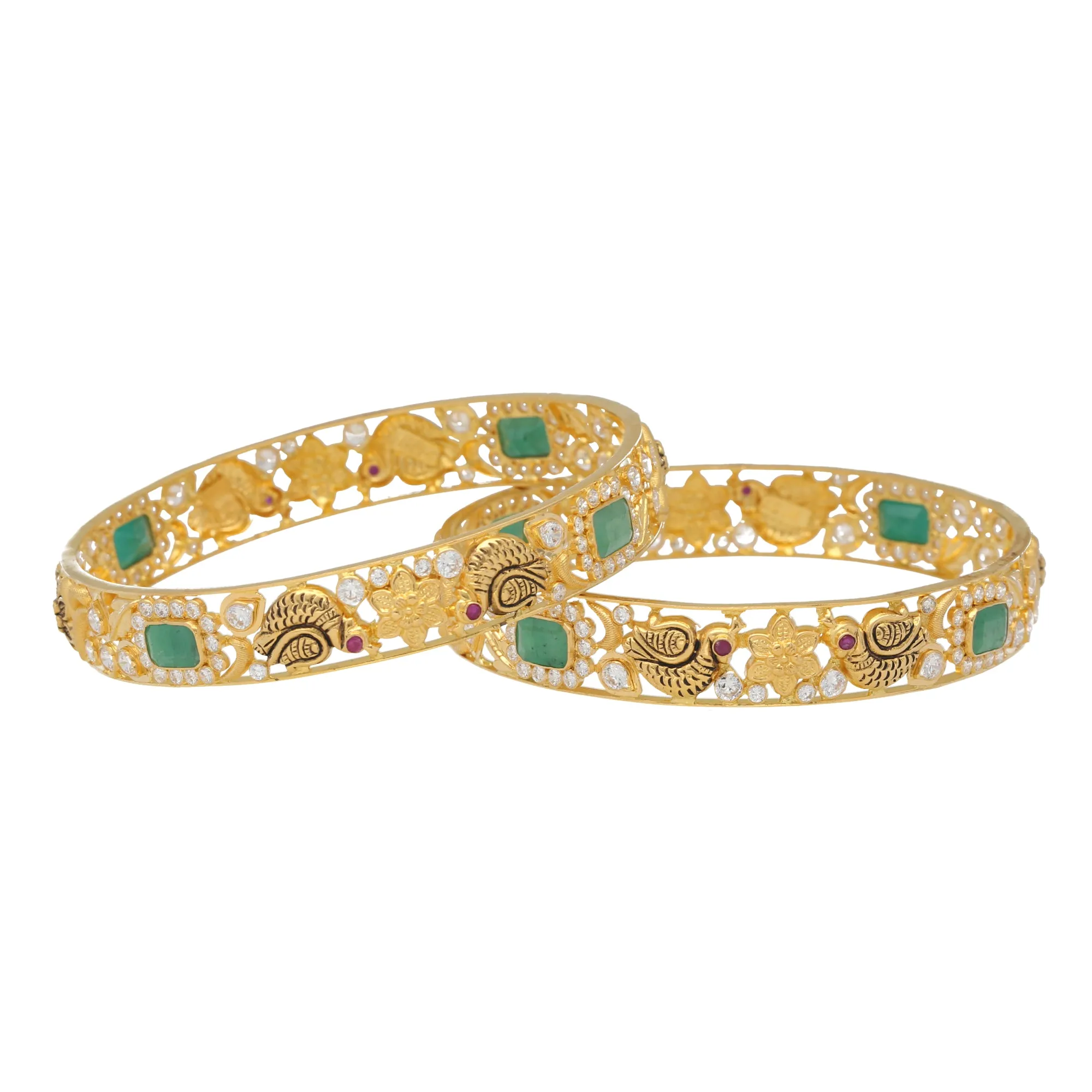 22K Yellow Gold, CZ, Emerald & Ruby Antique Bangle Set (33.6gm)