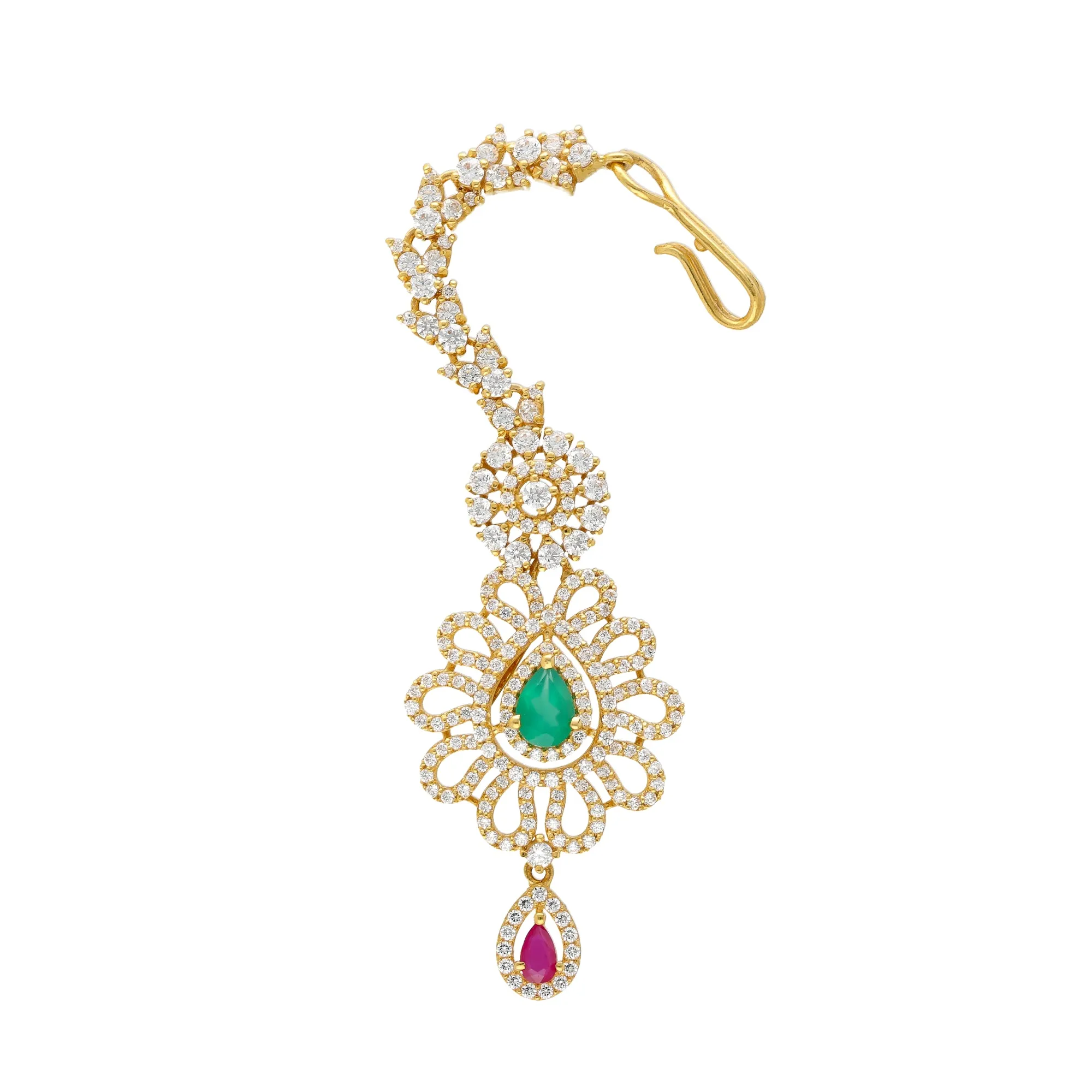 22K Yellow Gold, CZ, Emerald & Ruby Peacock Tikka (11.7gm)