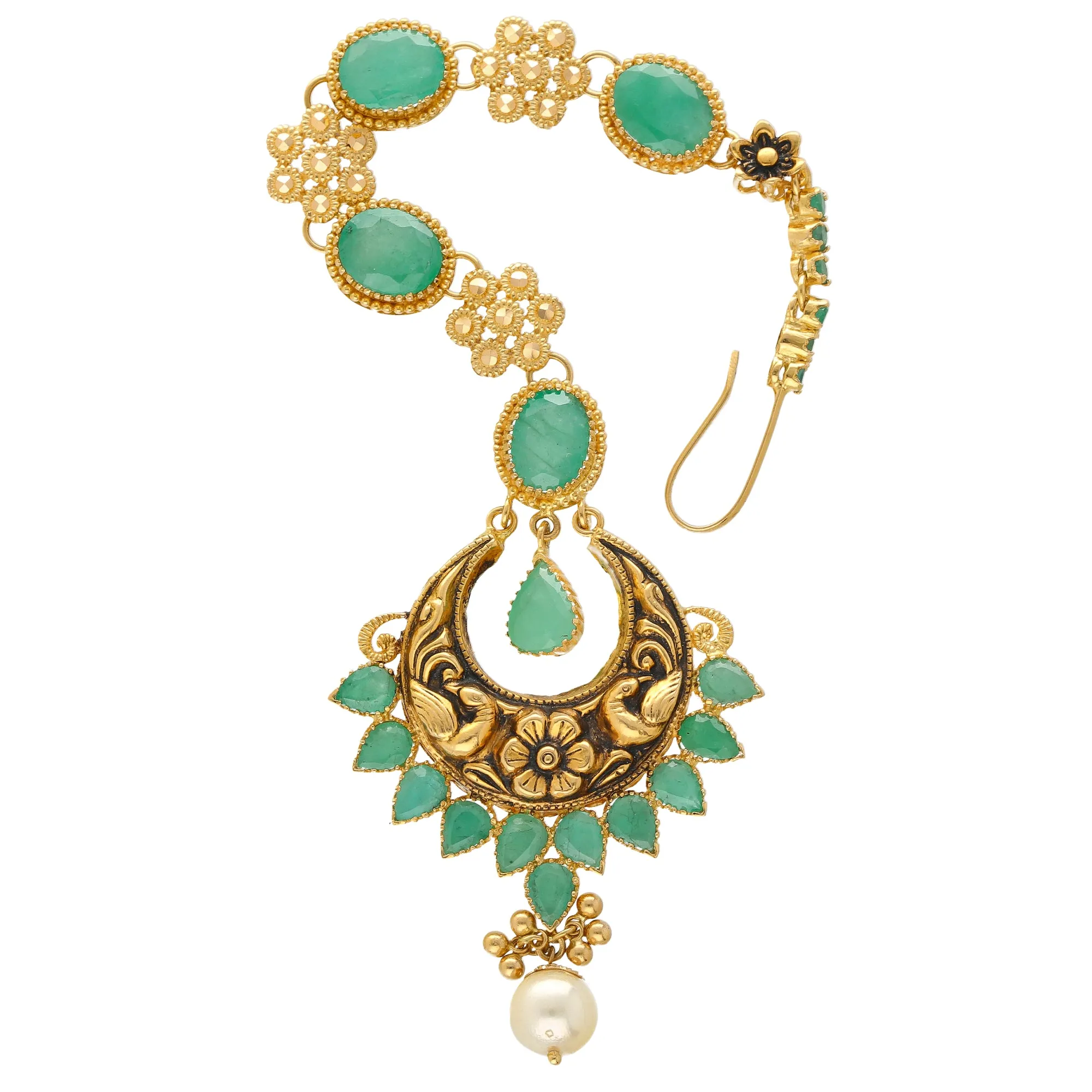 22K Yellow Gold, Emerald & Pearl Tikka (16.6gm)