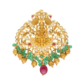 22K Yellow Gold Laxmi Pendant w/ Emeralds, Rubies and CZ (21.6gm)