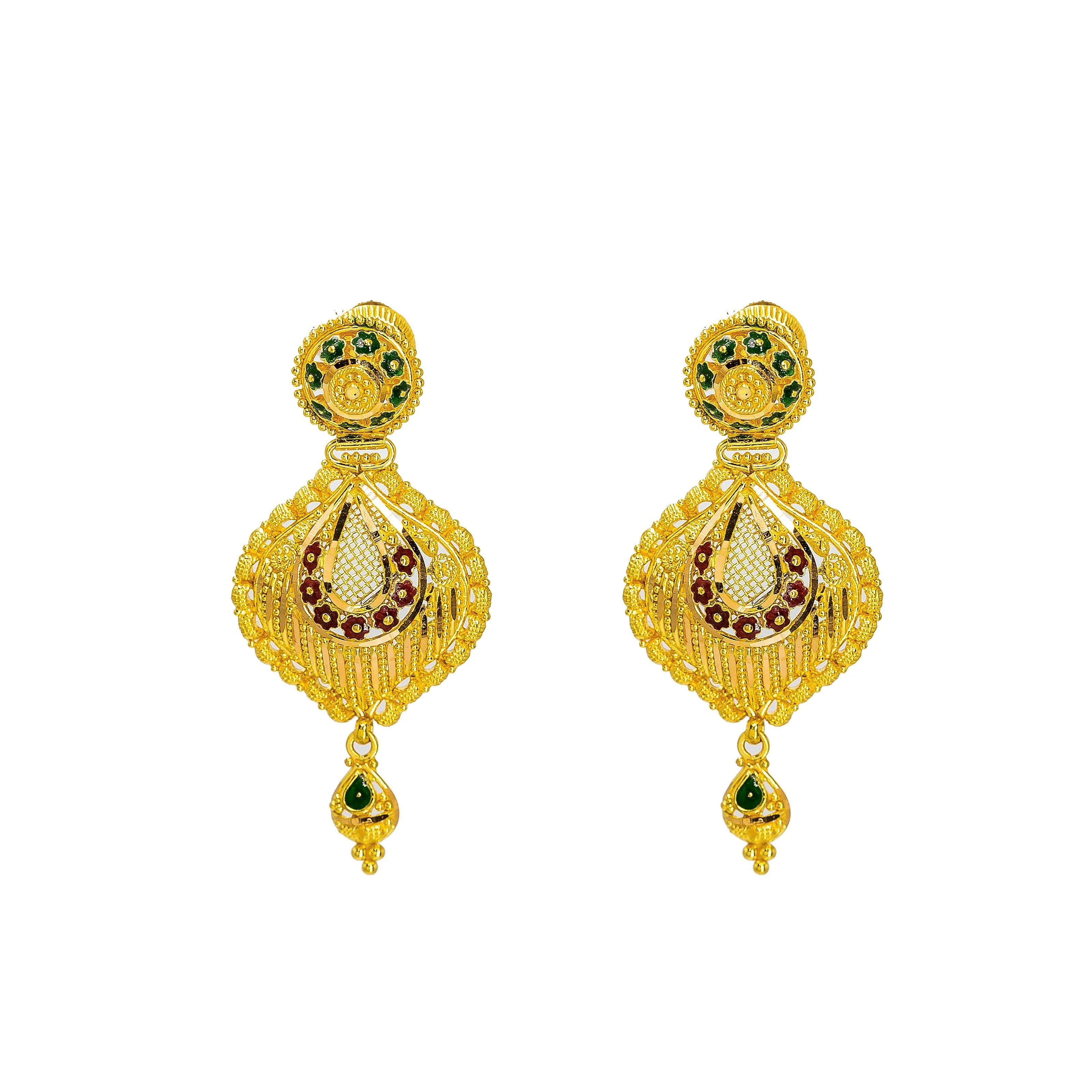 22K Yellow Gold Necklace & Earrings Set W/ Beaded Filigree, Enamel Details & Large Faceted Pendants