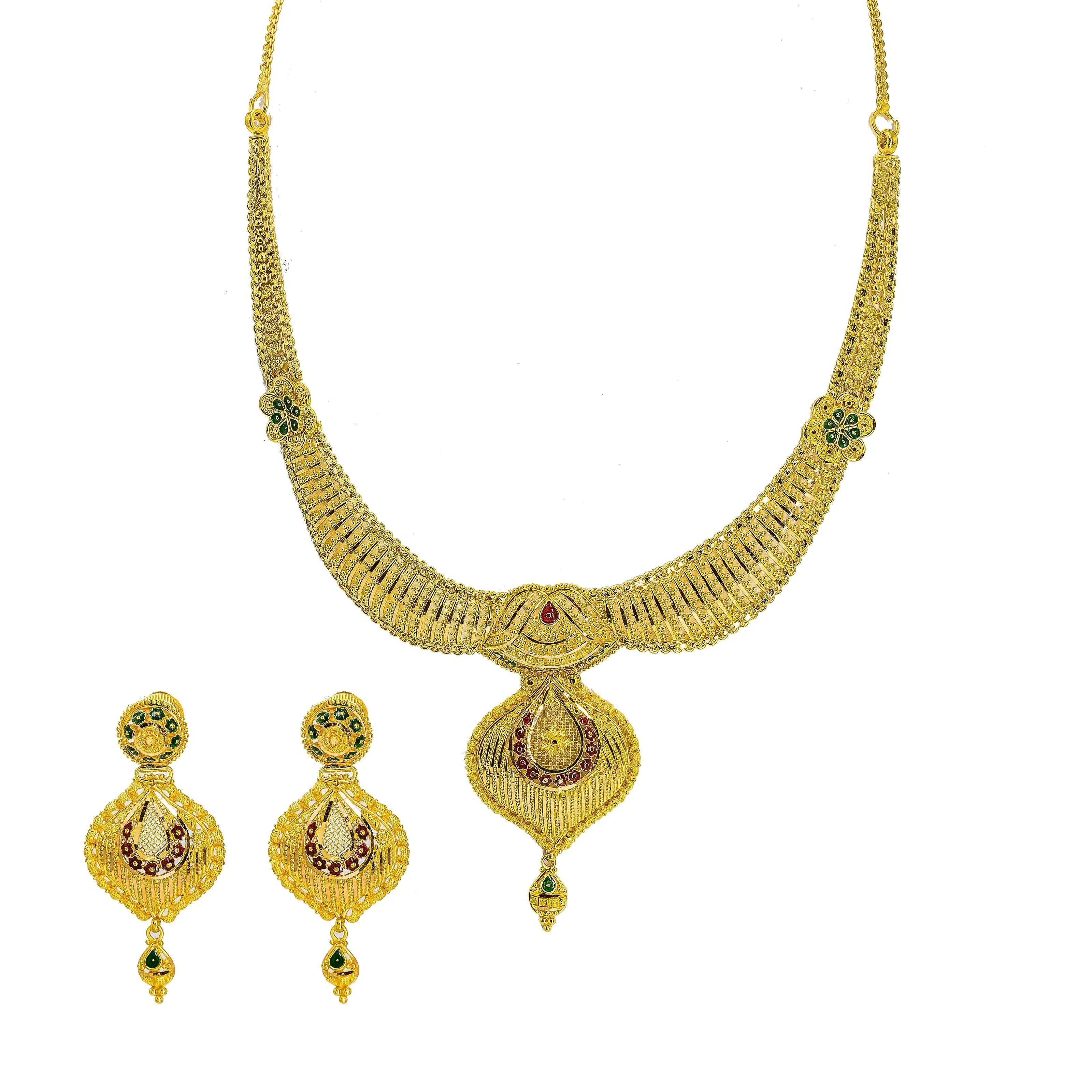 22K Yellow Gold Necklace & Earrings Set W/ Beaded Filigree, Enamel Details & Large Faceted Pendants