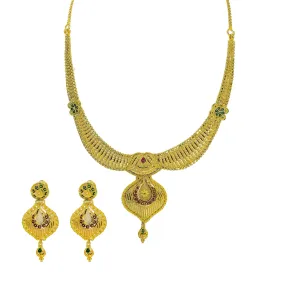 22K Yellow Gold Necklace & Earrings Set W/ Beaded Filigree, Enamel Details & Large Faceted Pendants