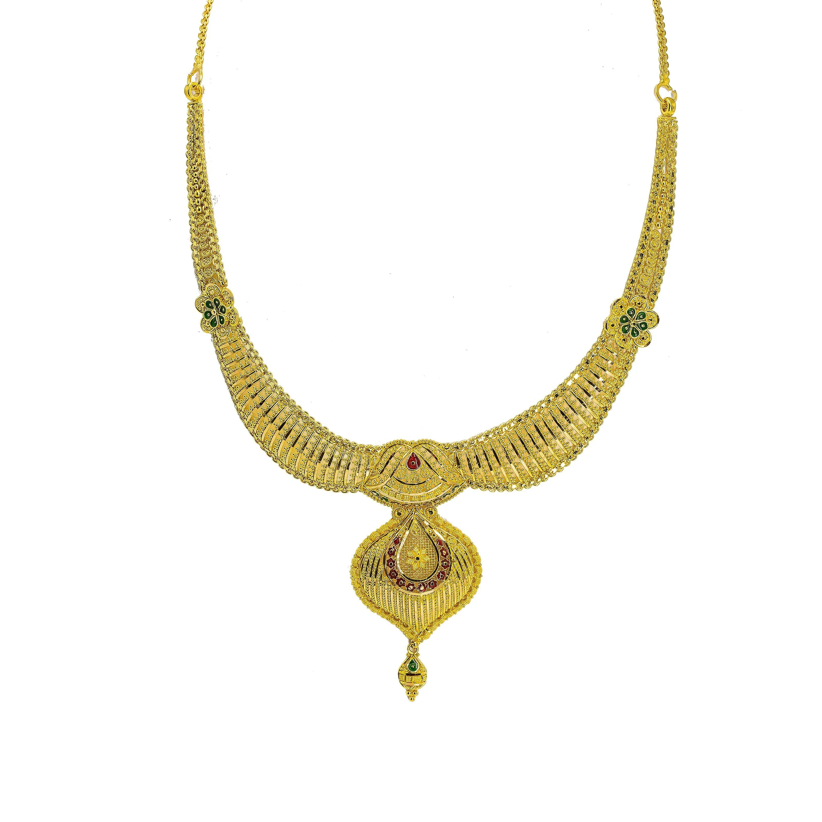 22K Yellow Gold Necklace & Earrings Set W/ Beaded Filigree, Enamel Details & Large Faceted Pendants