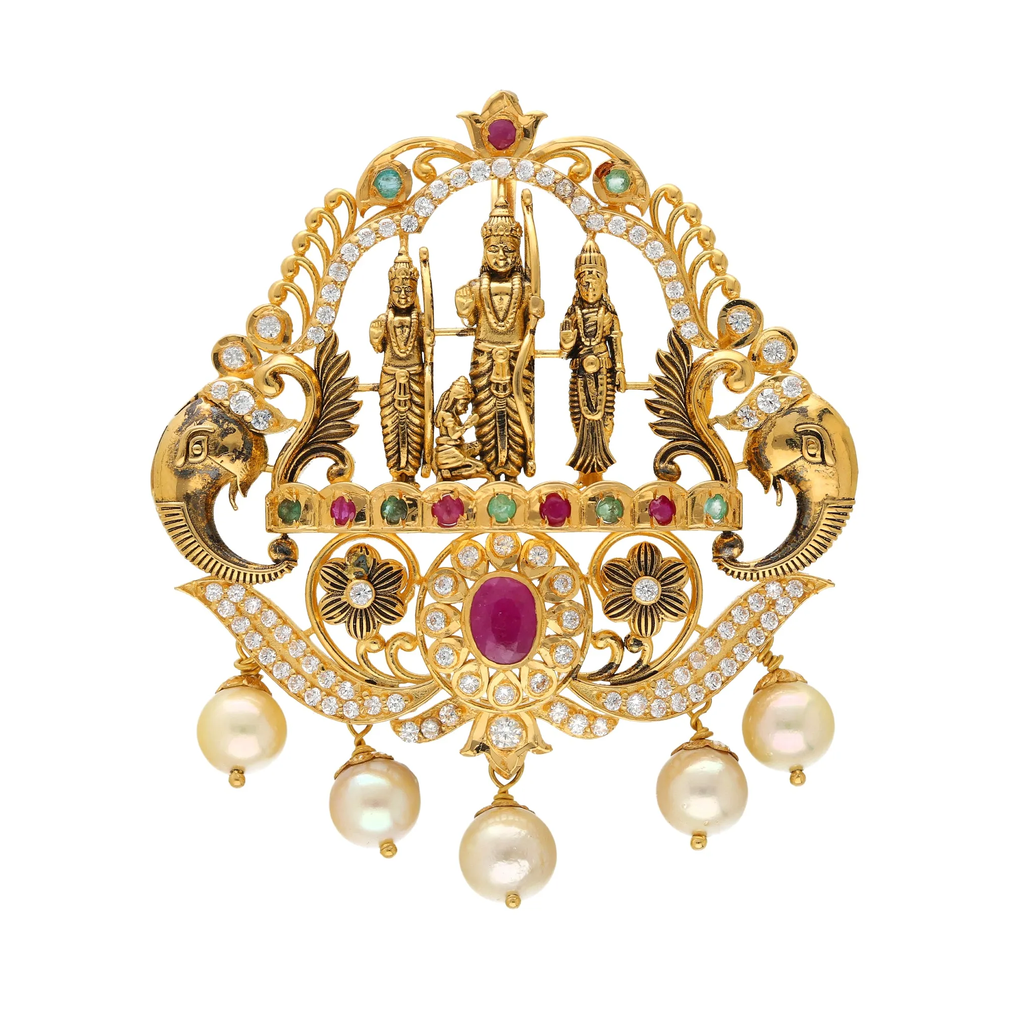 22K Yellow Gold Ramparivar Pendant w/ Emeralds, Rubies, CZ & Pearls (26.2gm)