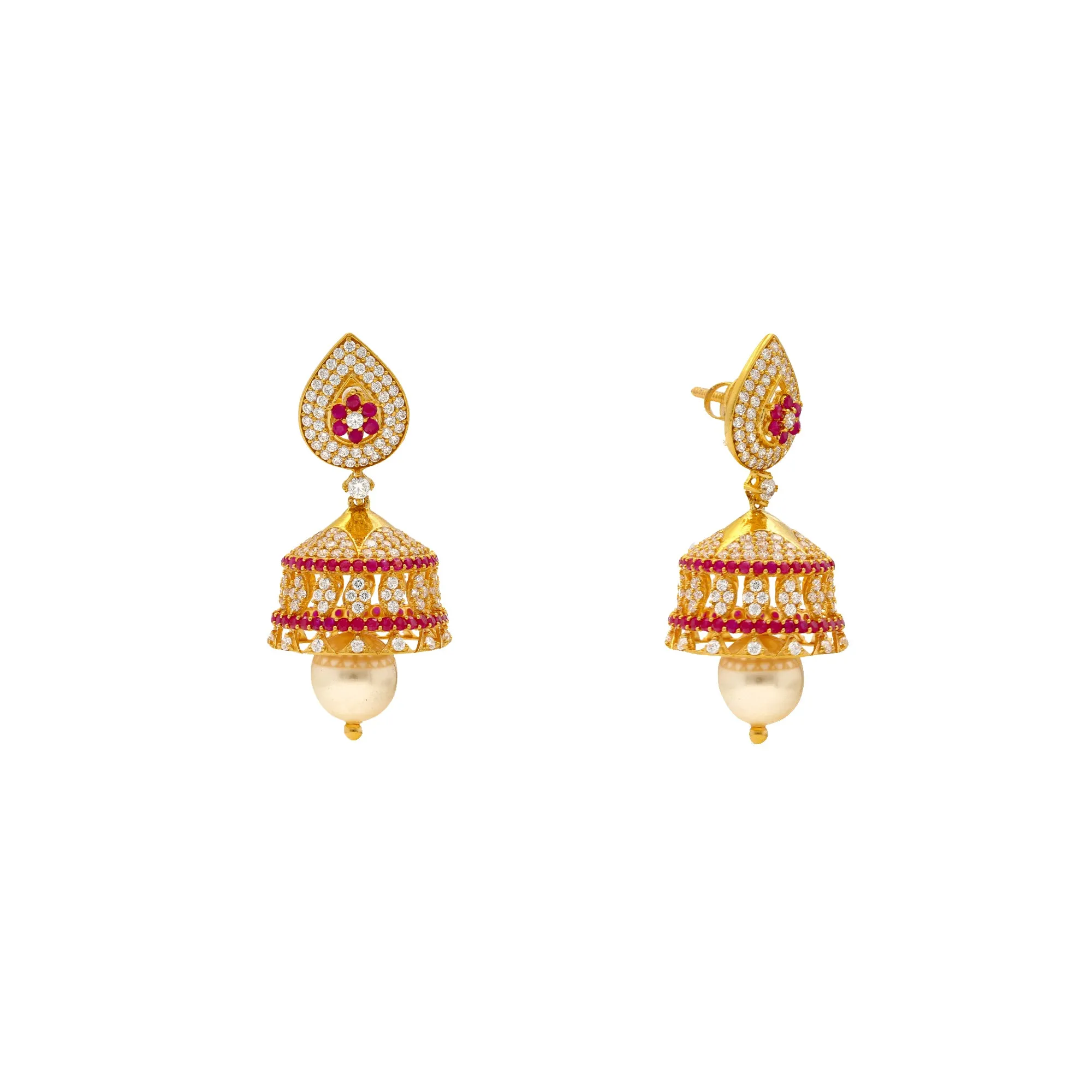 22K Yellow Gold, Ruby, Pearl & CZ Jhumka Earrings (21.9gm)