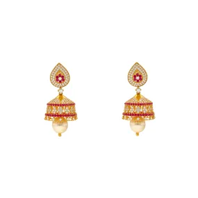 22K Yellow Gold, Ruby, Pearl & CZ Jhumka Earrings (21.9gm)