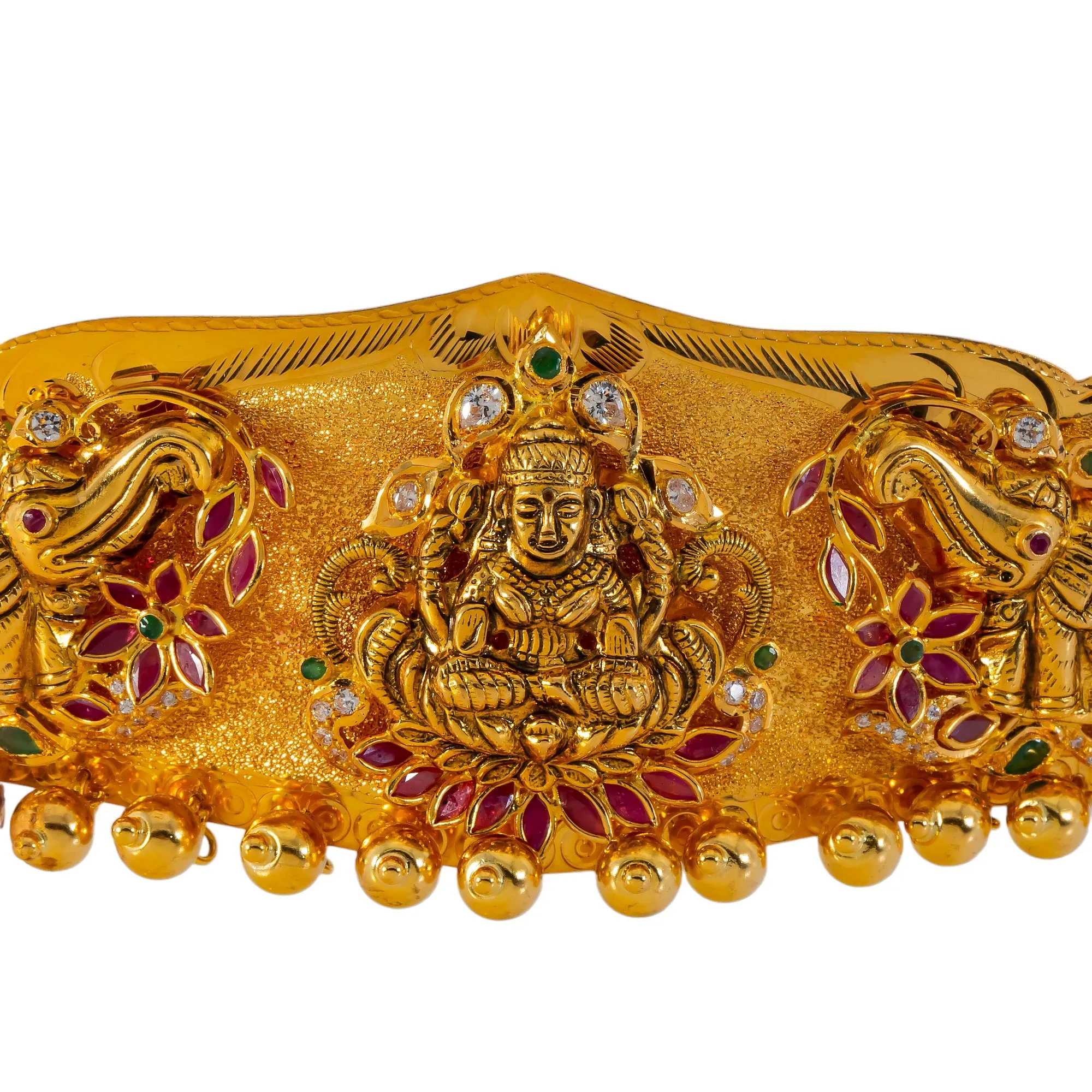 22k Yellow Gold Vaddanam Belt w/ Emerald, Ruby, & CZ (170.2gm)