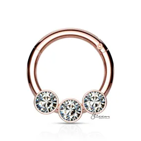 316L Surgical Steel Hinged Segment Hoop Ring with 3 Crystals - Rose Gold