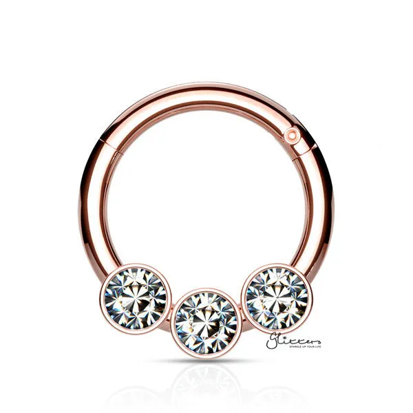 316L Surgical Steel Hinged Segment Hoop Ring with 3 Crystals - Rose Gold