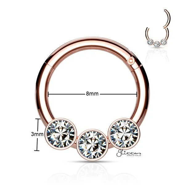 316L Surgical Steel Hinged Segment Hoop Ring with 3 Crystals - Rose Gold