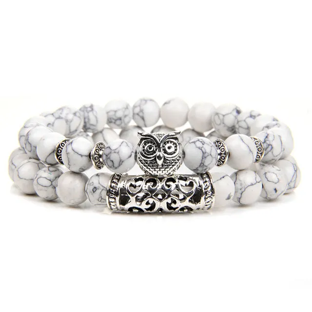 8mm 2 Piece White Howlite Turquoise Owl Bead Bracelet