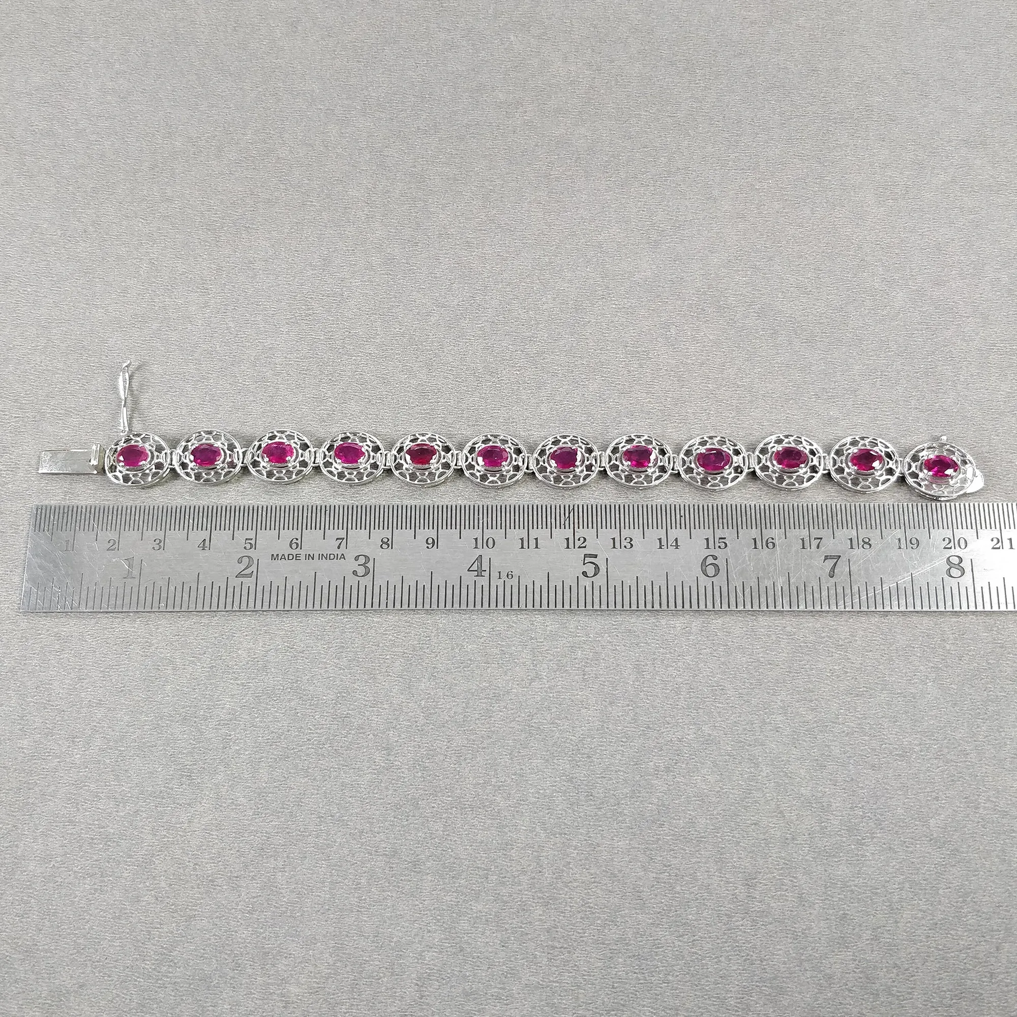 925 Sterling Silver Bracelet : 17.52gms Natural Glass Filled Ruby Gemstone CZ Oval Normal Cut Prong Set Tennis Bracelet 7.5"