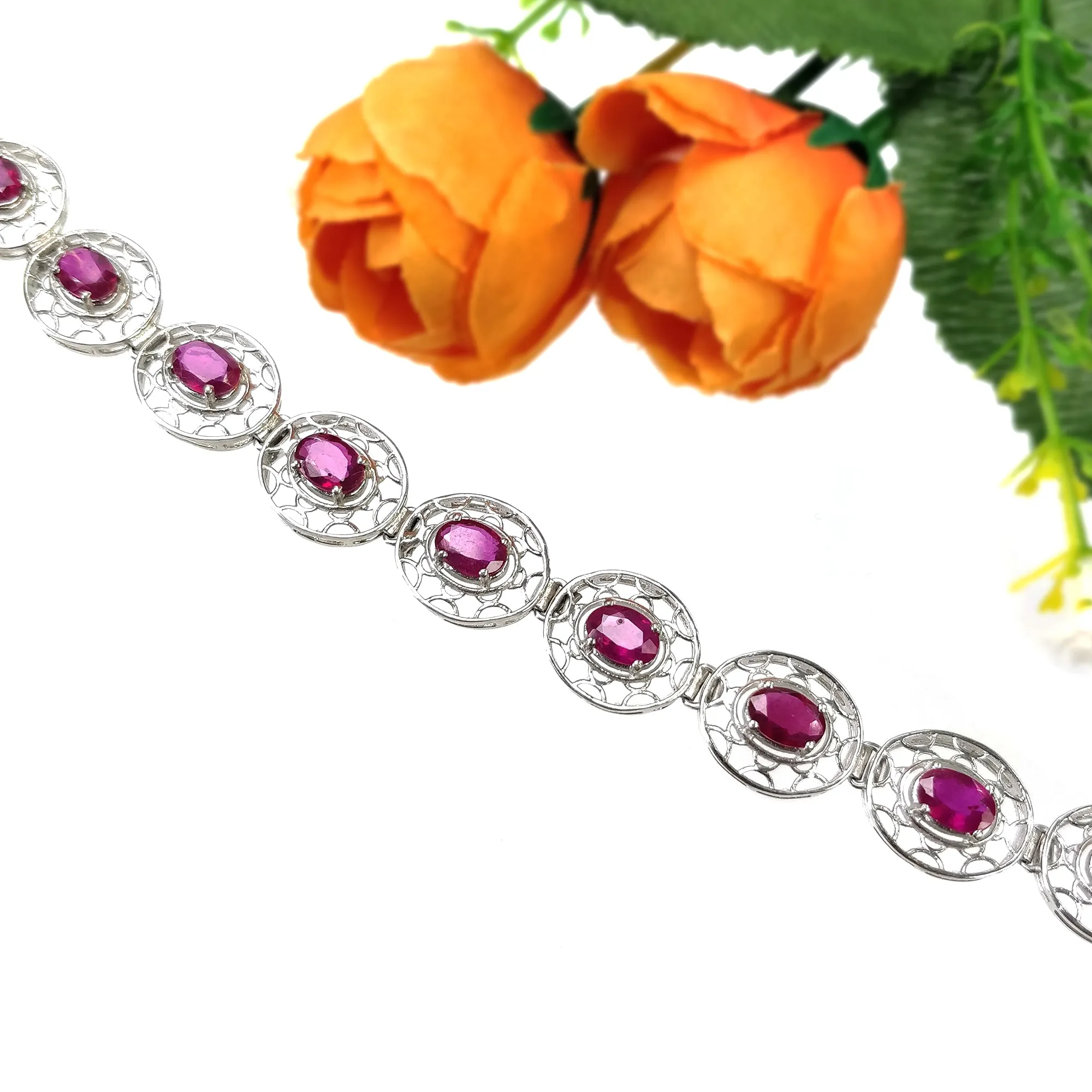 925 Sterling Silver Bracelet : 17.52gms Natural Glass Filled Ruby Gemstone CZ Oval Normal Cut Prong Set Tennis Bracelet 7.5"