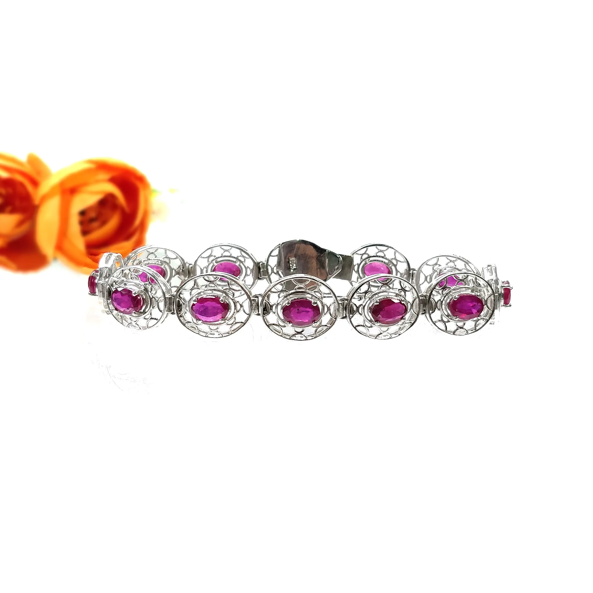 925 Sterling Silver Bracelet : 17.52gms Natural Glass Filled Ruby Gemstone CZ Oval Normal Cut Prong Set Tennis Bracelet 7.5"