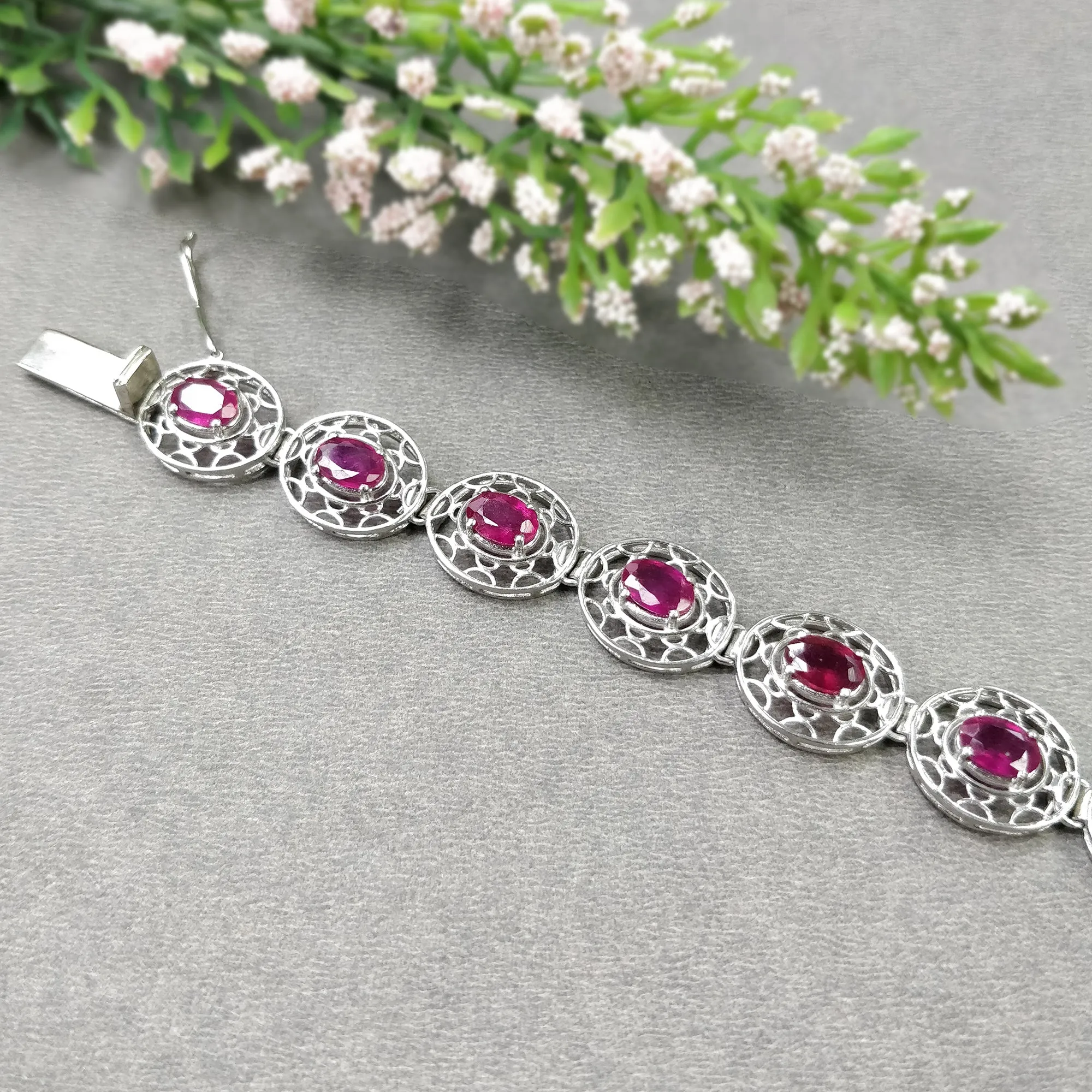 925 Sterling Silver Bracelet : 17.52gms Natural Glass Filled Ruby Gemstone CZ Oval Normal Cut Prong Set Tennis Bracelet 7.5"