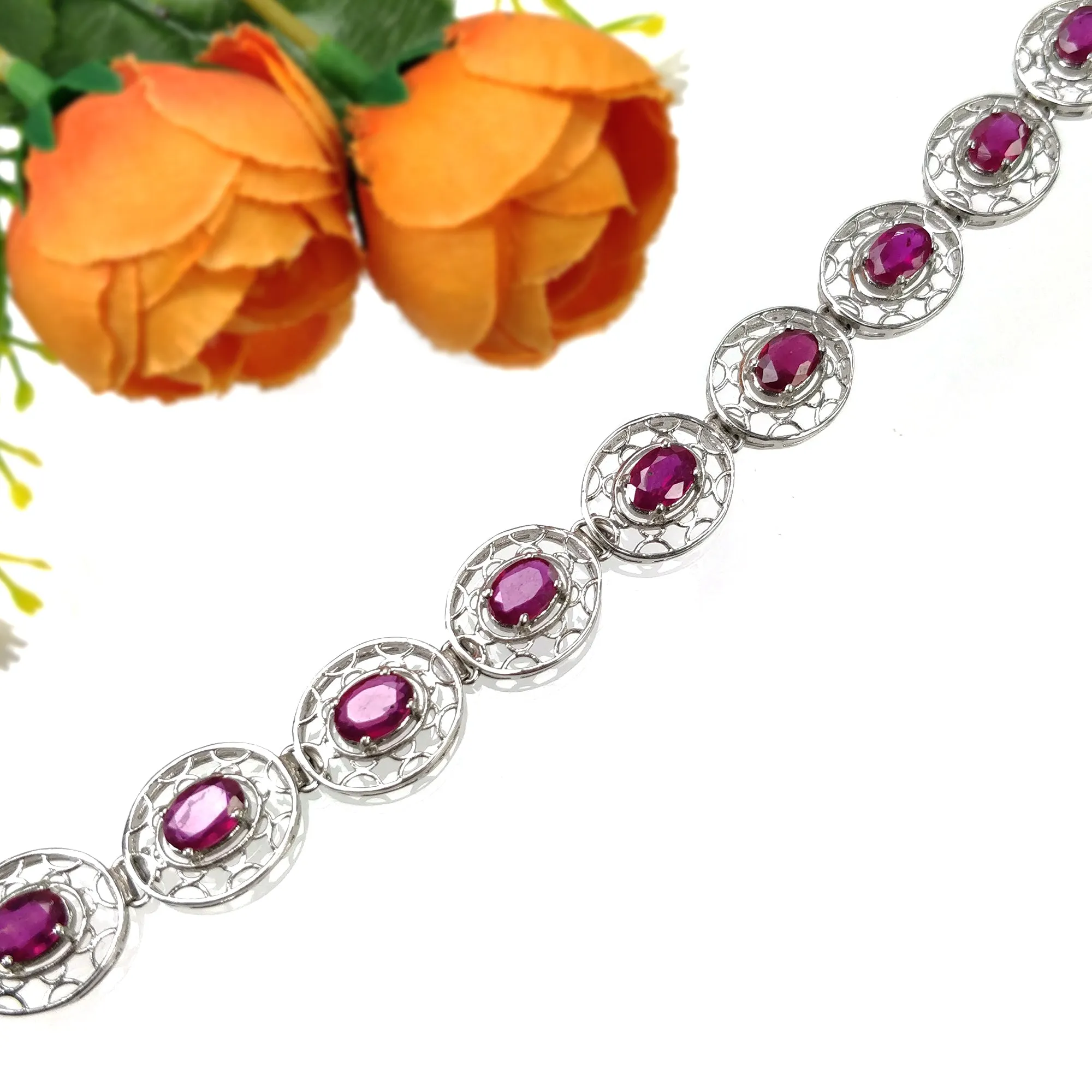 925 Sterling Silver Bracelet : 17.52gms Natural Glass Filled Ruby Gemstone CZ Oval Normal Cut Prong Set Tennis Bracelet 7.5"