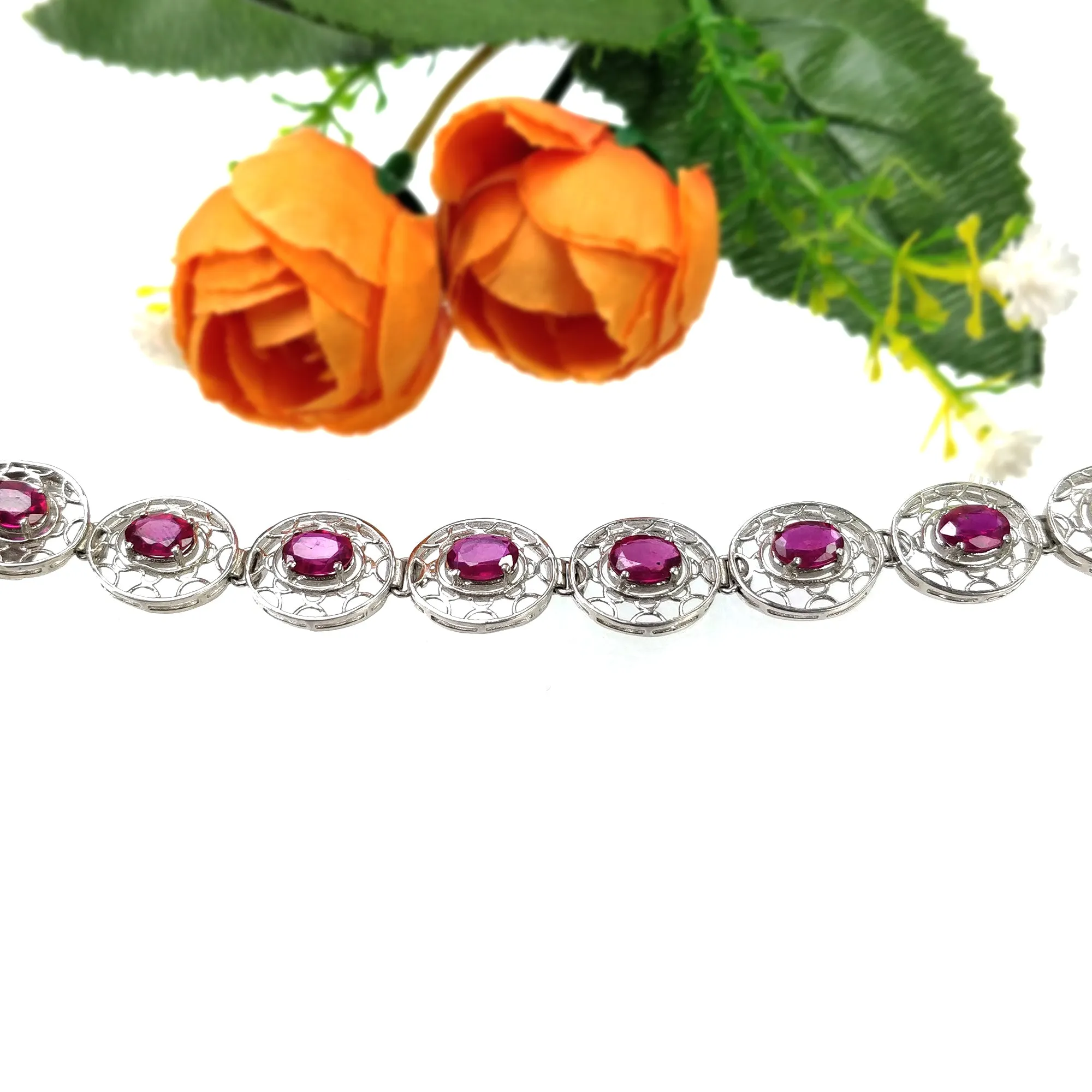 925 Sterling Silver Bracelet : 17.52gms Natural Glass Filled Ruby Gemstone CZ Oval Normal Cut Prong Set Tennis Bracelet 7.5"