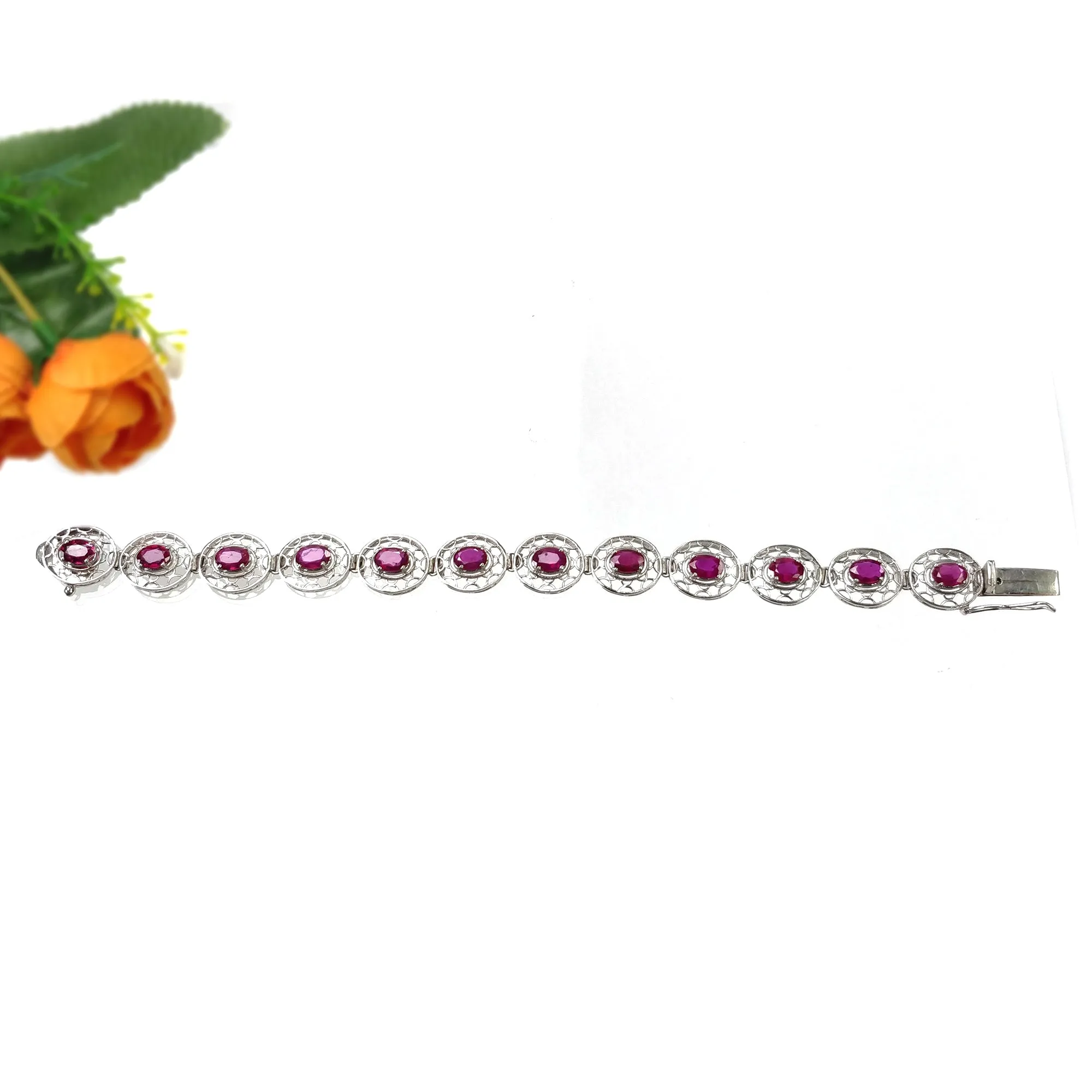 925 Sterling Silver Bracelet : 17.52gms Natural Glass Filled Ruby Gemstone CZ Oval Normal Cut Prong Set Tennis Bracelet 7.5"