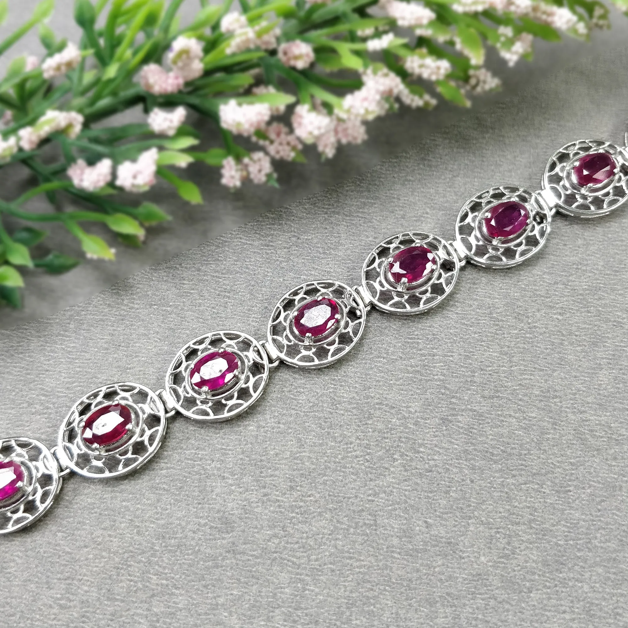 925 Sterling Silver Bracelet : 17.52gms Natural Glass Filled Ruby Gemstone CZ Oval Normal Cut Prong Set Tennis Bracelet 7.5"