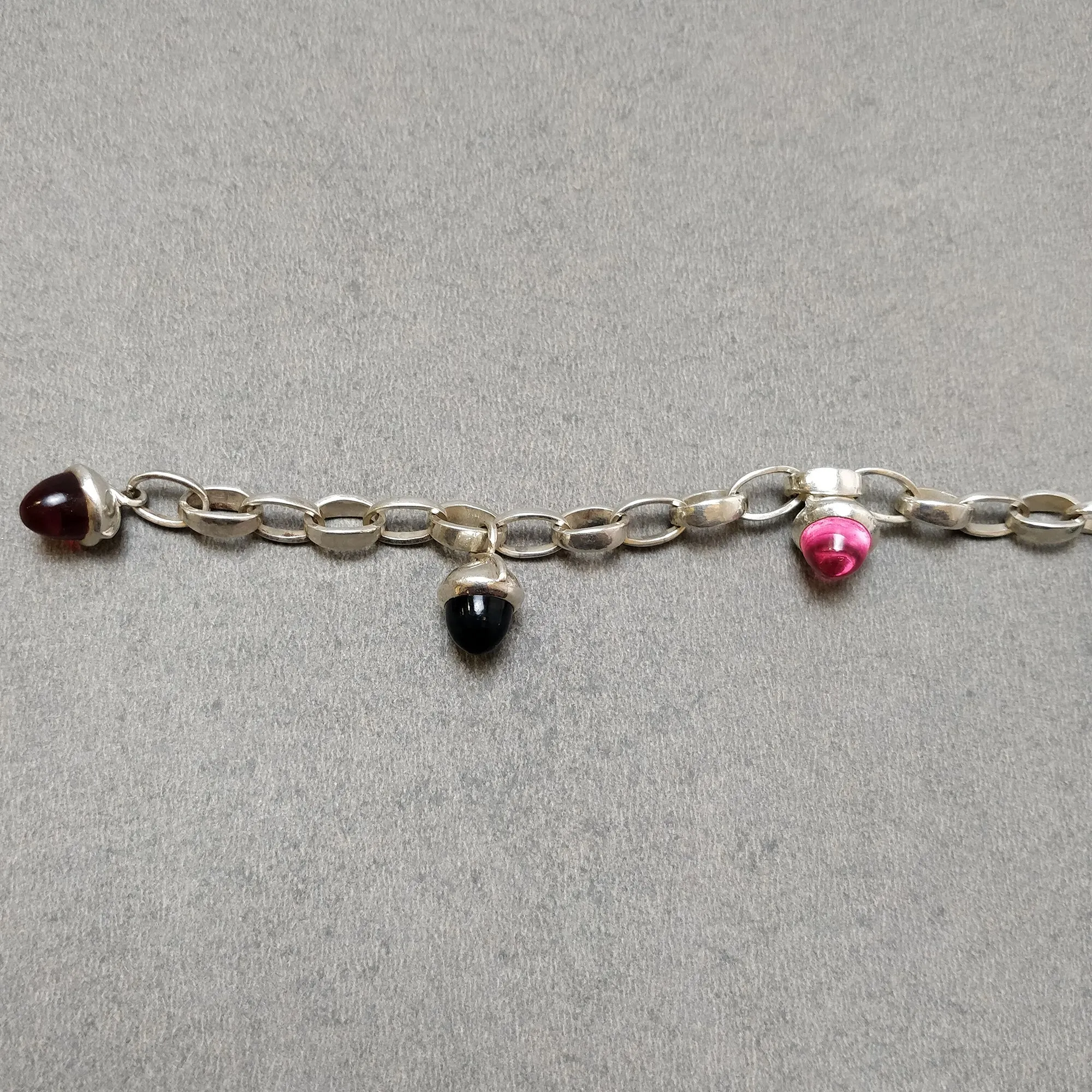 925 Sterling Silver Bracelet : 21.25gm Pink & Blue Rhinestone 6 Mini Bullets With Clasp Look Chain Bracelet 8.5"