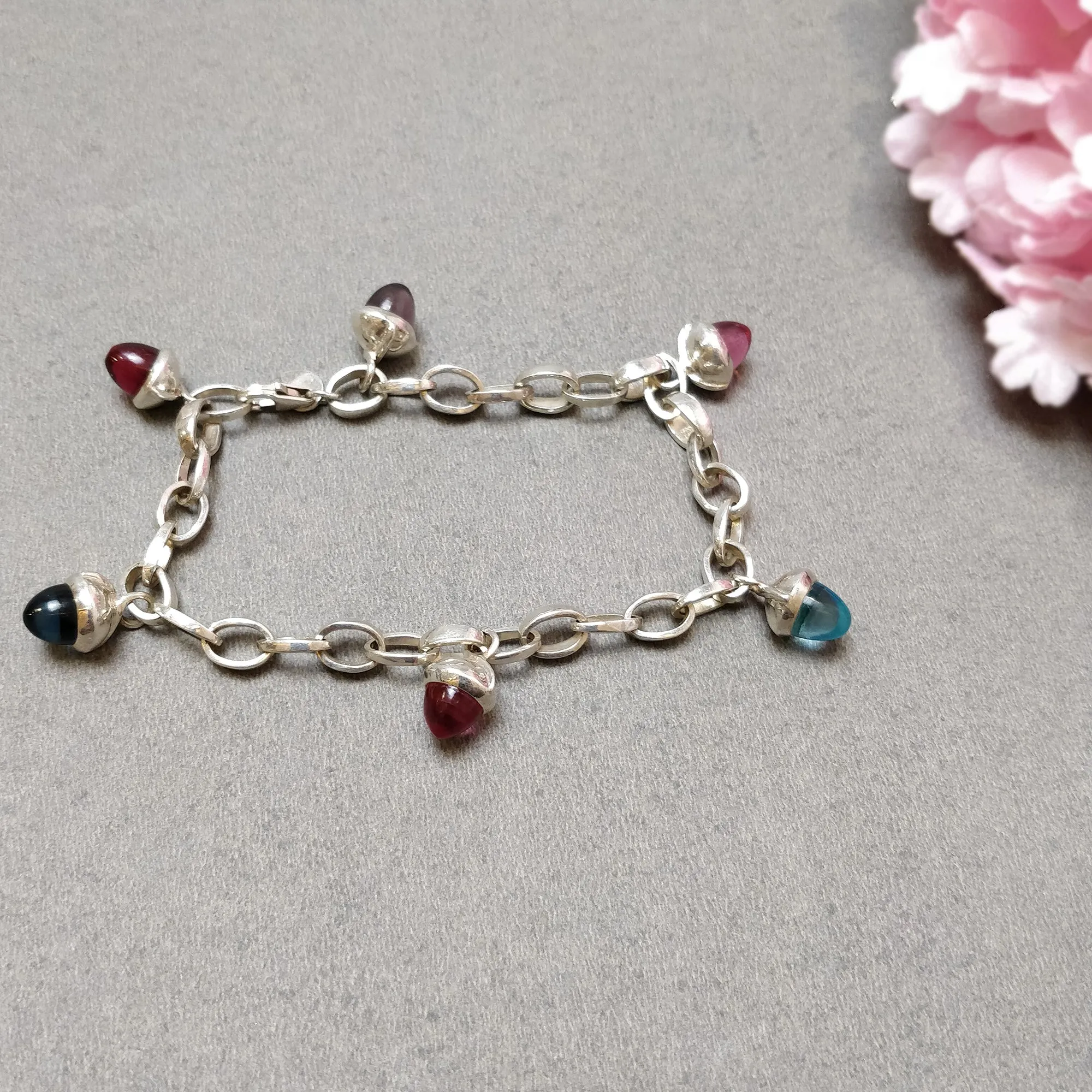 925 Sterling Silver Bracelet : 21.25gm Pink & Blue Rhinestone 6 Mini Bullets With Clasp Look Chain Bracelet 8.5"