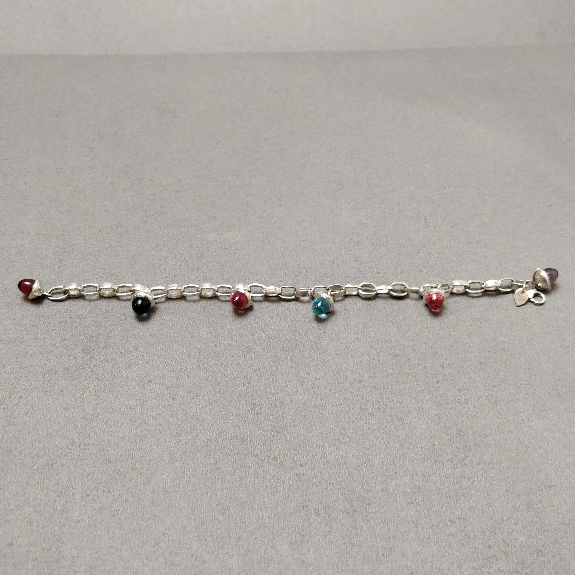 925 Sterling Silver Bracelet : 21.25gm Pink & Blue Rhinestone 6 Mini Bullets With Clasp Look Chain Bracelet 8.5"