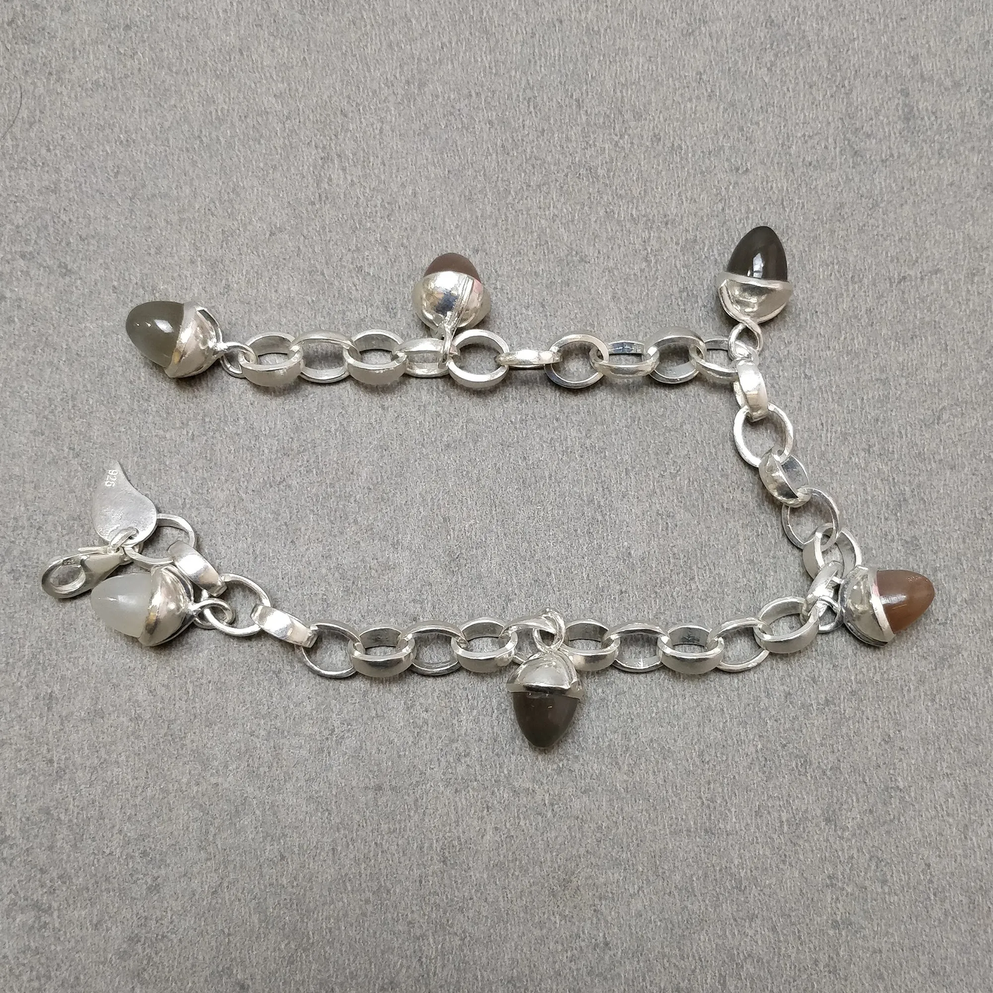 925 Sterling Silver Bracelet : 23.06gms. Natural Multi Color Moonstone 6 Mini Bullets Chain Bracelet With Clasp Look 8.25"