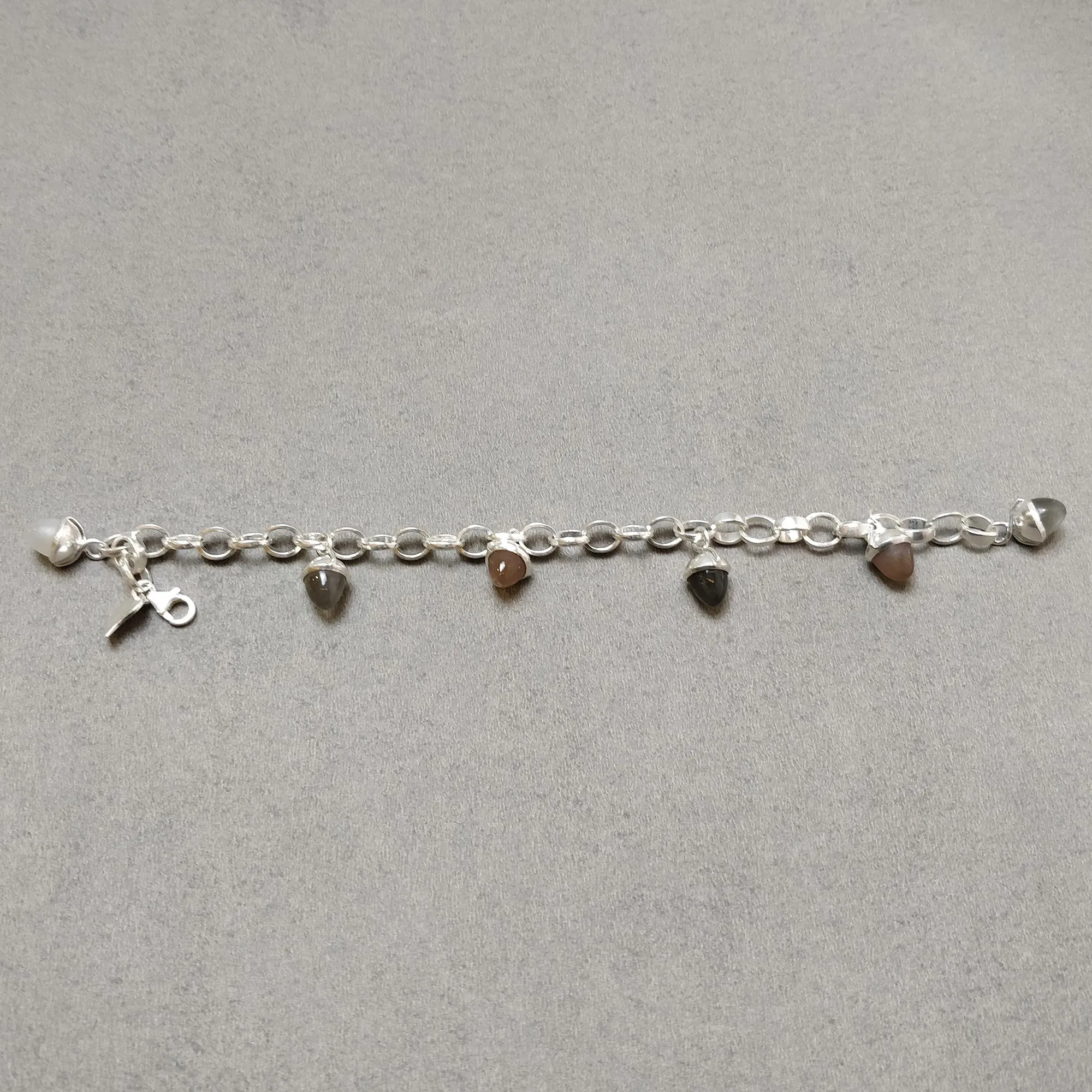 925 Sterling Silver Bracelet : 23.06gms. Natural Multi Color Moonstone 6 Mini Bullets Chain Bracelet With Clasp Look 8.25"