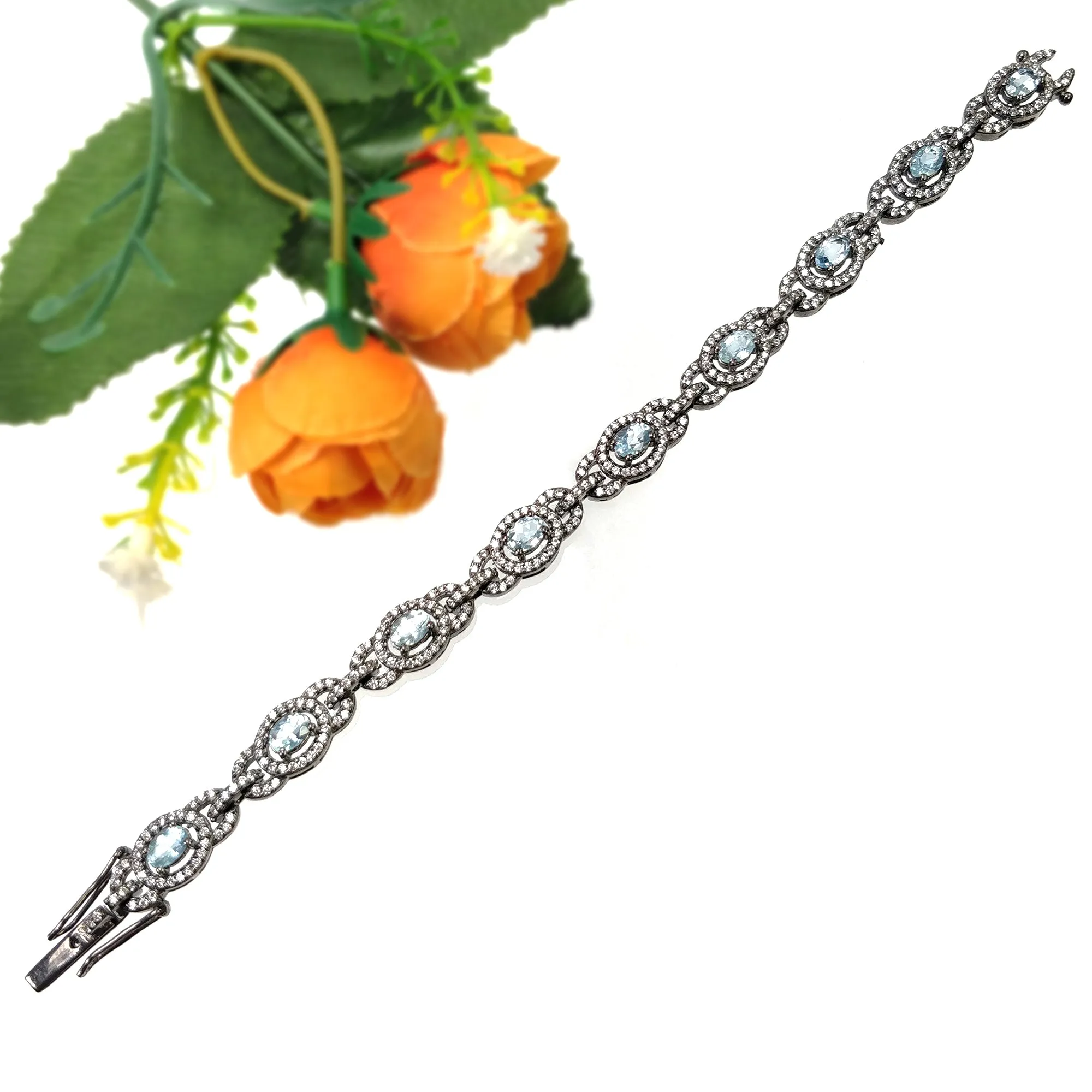 925 Sterling Silver BRACELET : 21.91gms Natural Aquamarine Gemstone CZ Oval Normal Cut Prong Set Victorian Tennis Bracelet 7"