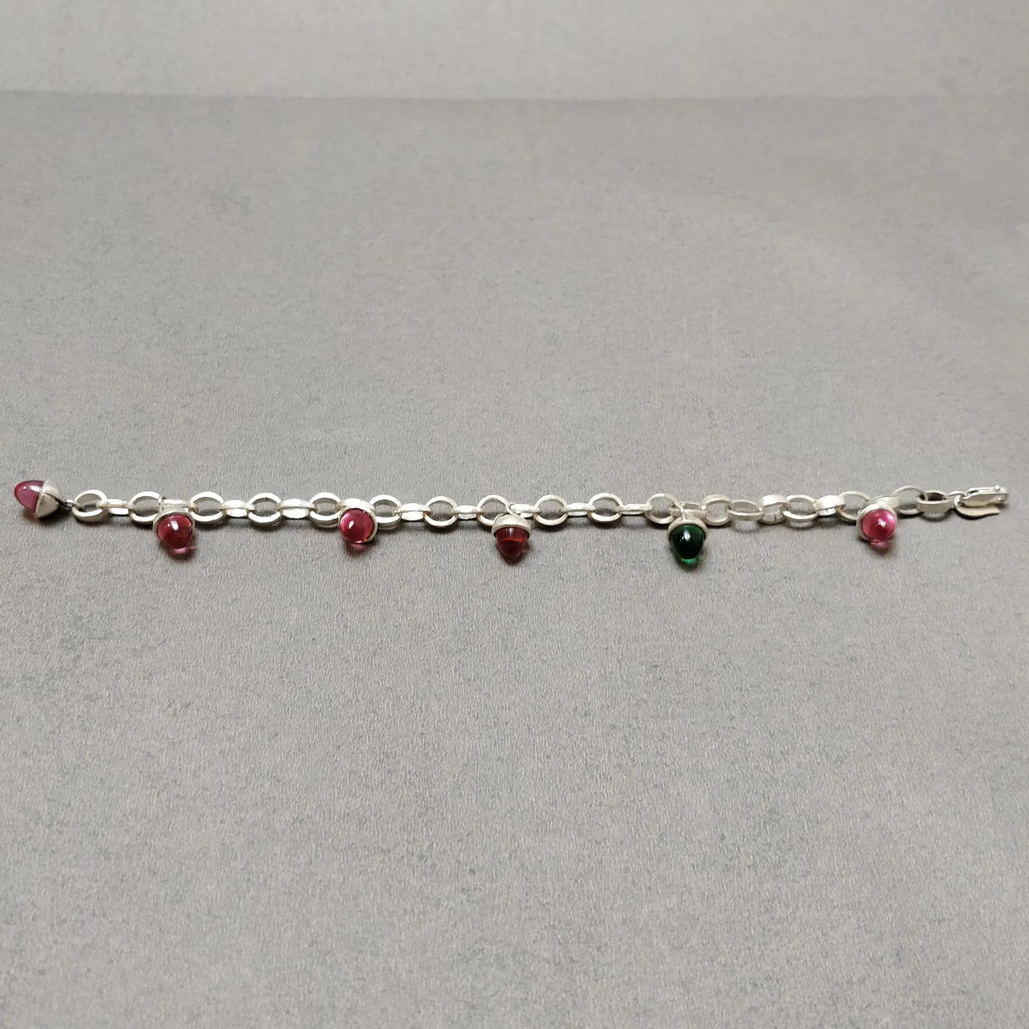 925 Sterling Silver Bracelet : 21.99gm Pink & Green Rhinestone 6 Mini Bullets With Clasp Look Chain Bracelet 8.5"