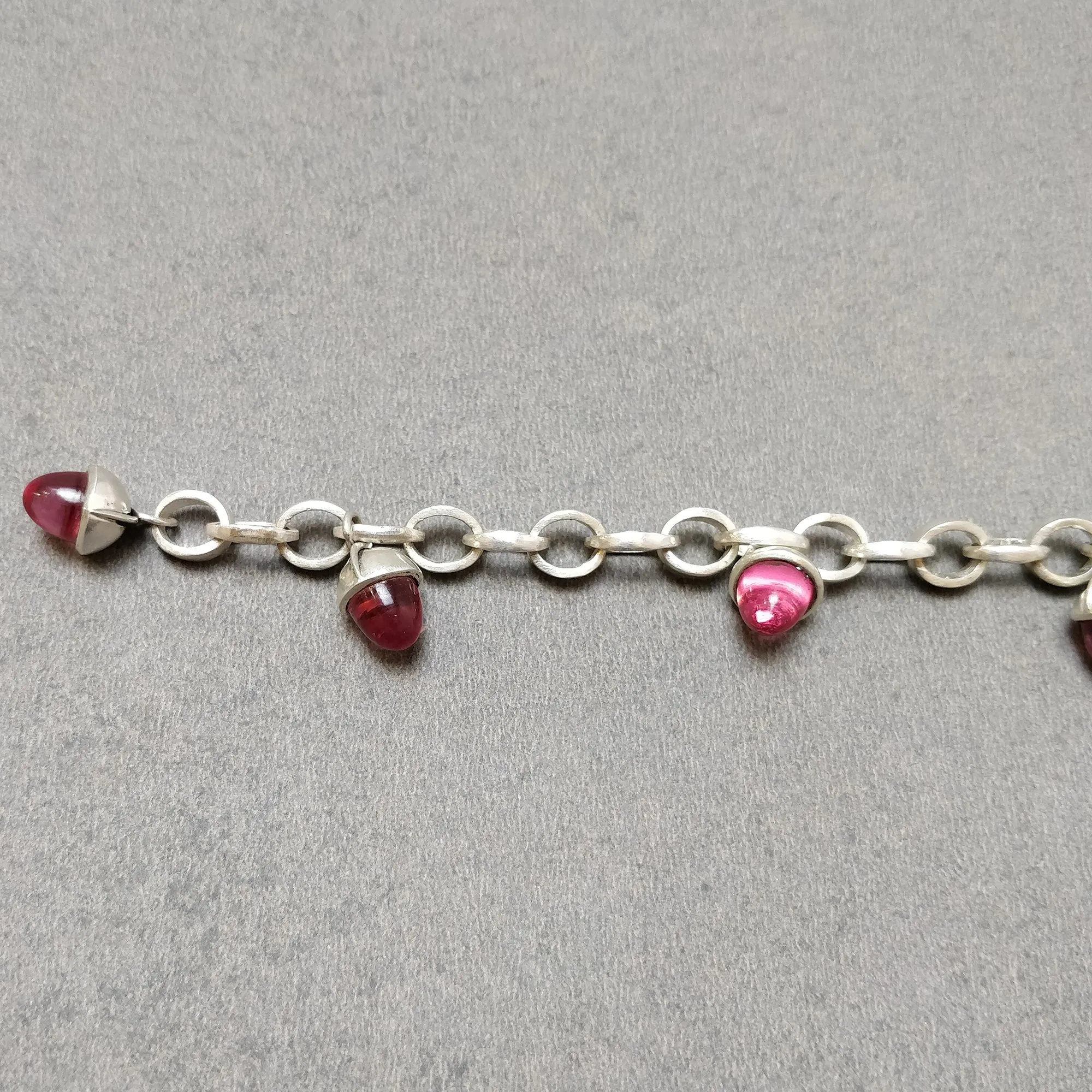 925 Sterling Silver Bracelet : 21.99gm Pink & Green Rhinestone 6 Mini Bullets With Clasp Look Chain Bracelet 8.5"