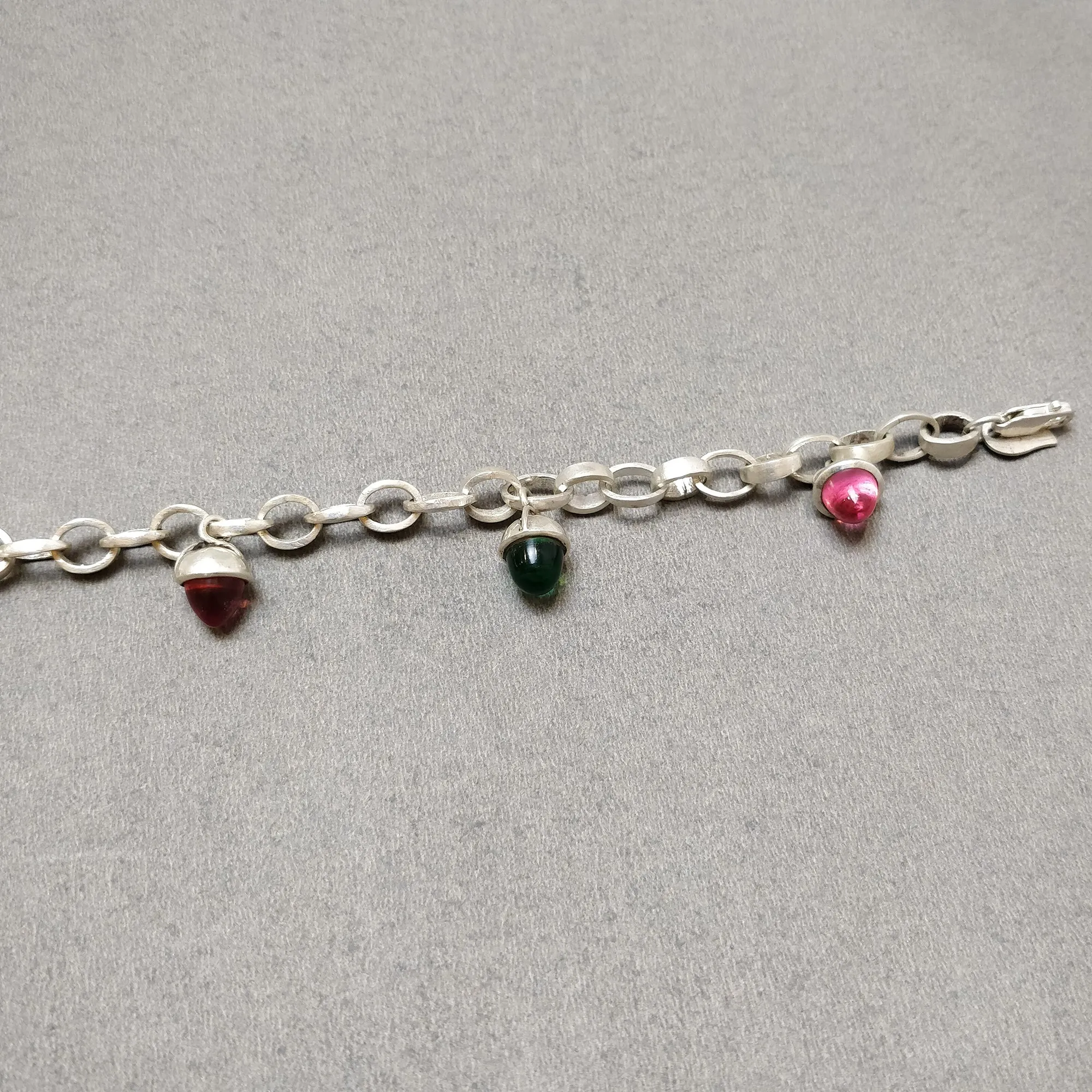 925 Sterling Silver Bracelet : 21.99gm Pink & Green Rhinestone 6 Mini Bullets With Clasp Look Chain Bracelet 8.5"