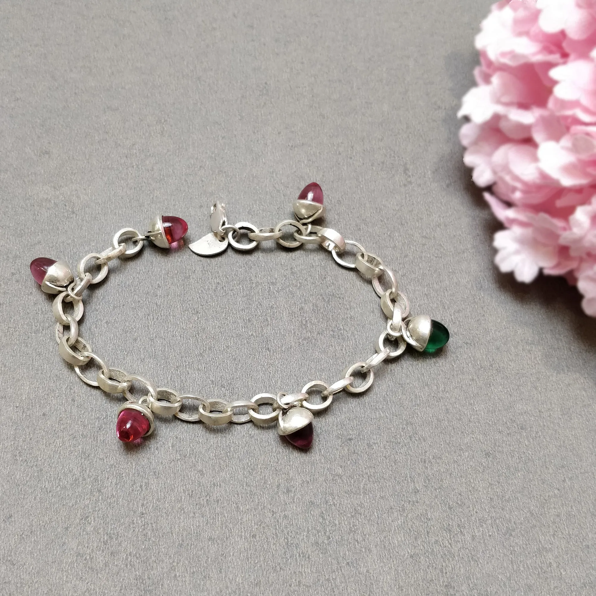 925 Sterling Silver Bracelet : 21.99gm Pink & Green Rhinestone 6 Mini Bullets With Clasp Look Chain Bracelet 8.5"