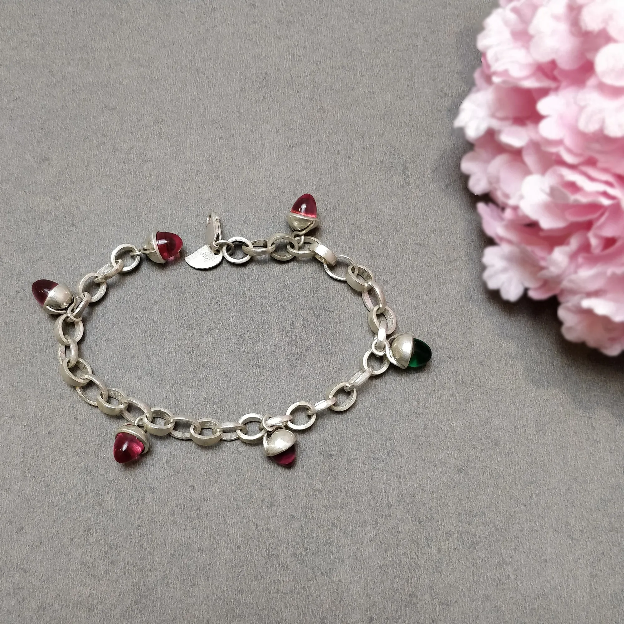 925 Sterling Silver Bracelet : 21.99gm Pink & Green Rhinestone 6 Mini Bullets With Clasp Look Chain Bracelet 8.5"