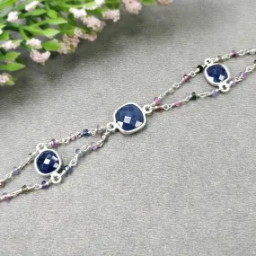 925 Sterling Silver Bracelet: 4.60gm Natural Blue Sapphire Gemstone Cushion Checker Cut Briolette Bezel Set Chain Bracelet 7.5"