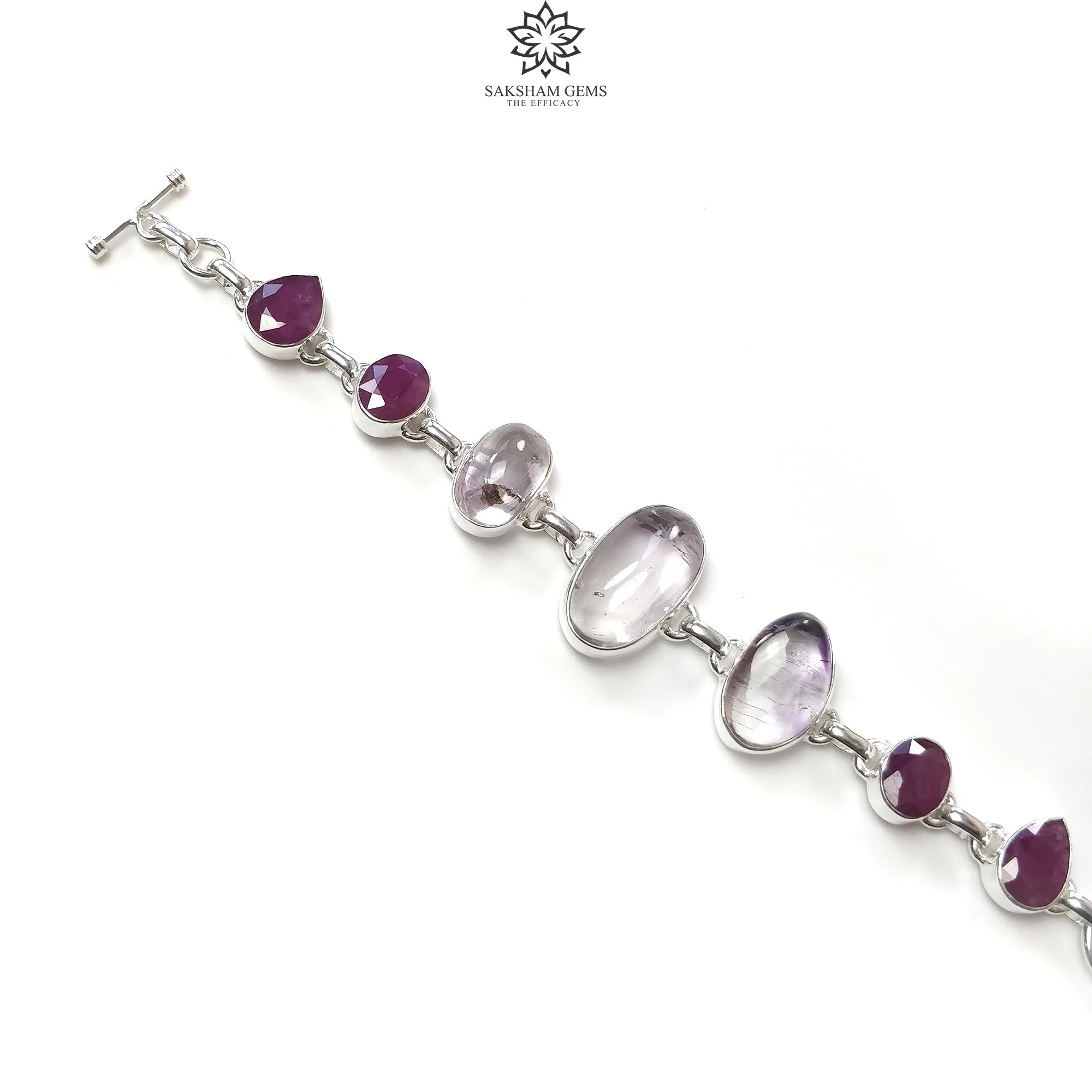 925 Sterling Silver Bracelet : Natural Purple AMETHYST & Glass Filled RED RUBY Gemstones Rhodium Plated Bezel Set Braclet 8"